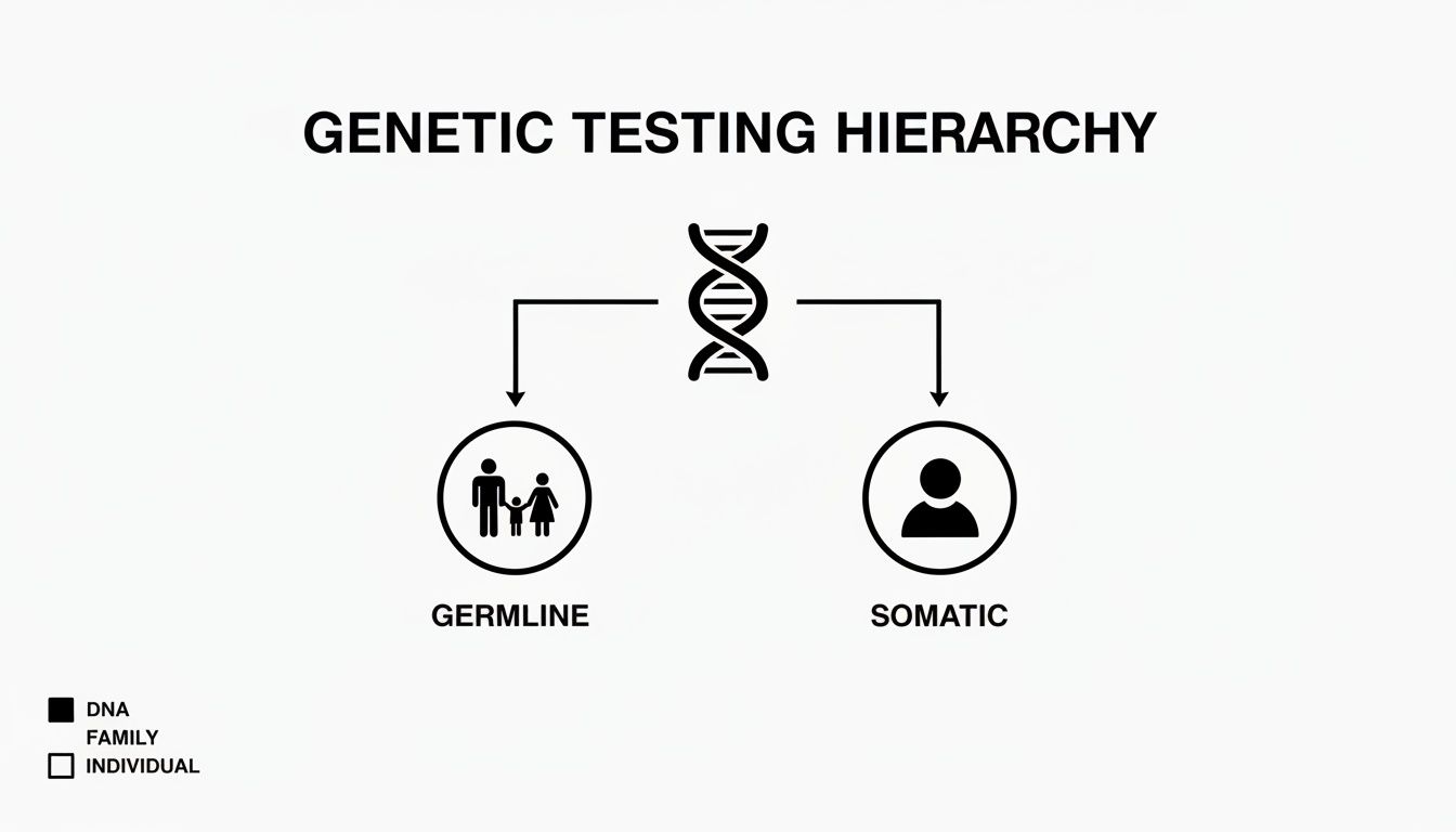 Diagram illustrating genetic testing hierarchy: DNA branches into germline (family) and somatic (individual) testing.