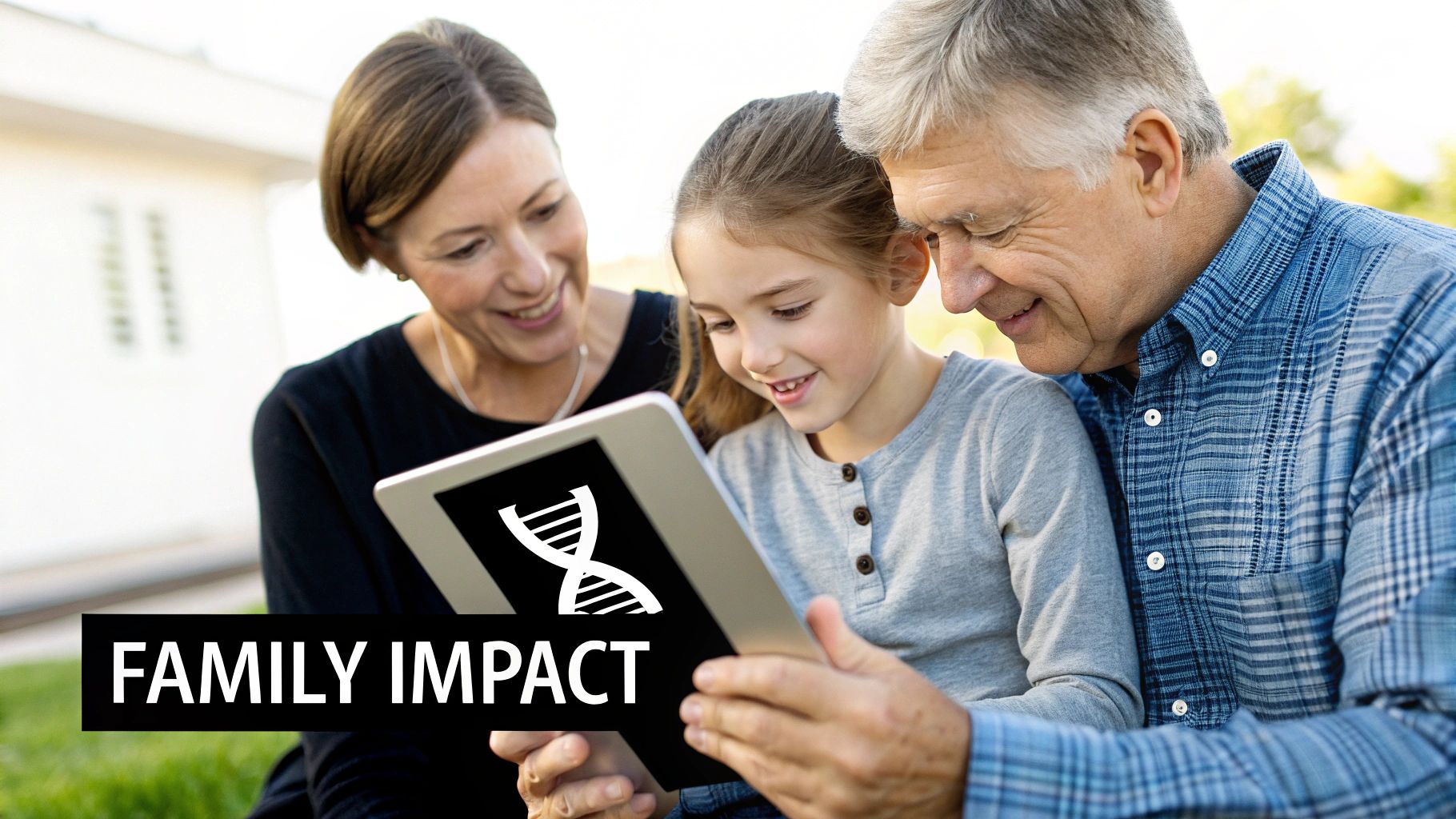 A smiling family, including a child and two adults, looks at a tablet displaying a DNA helix symbol with 'FAMILY IMPACT' text.
