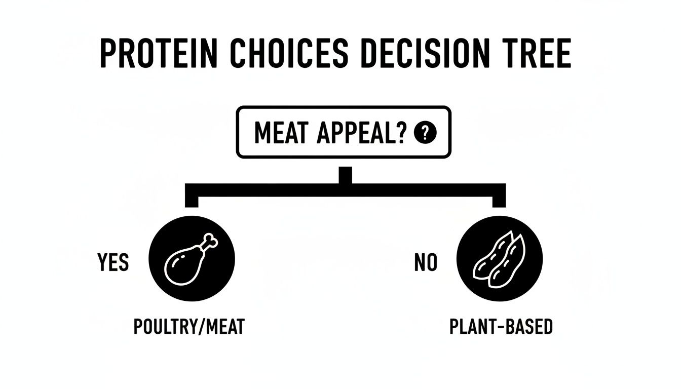 A protein choices decision tree flowchart asking "Meat Appeal?", leading to "Poultry/Meat" or "Plant-Based" options.