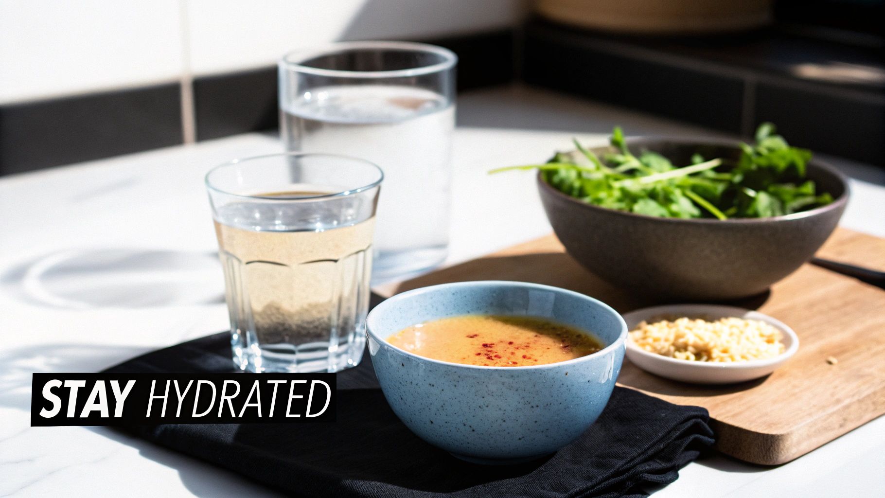 A refreshing meal featuring soup, fresh greens, and two glasses of water on a sunlit table, encouraging hydration.