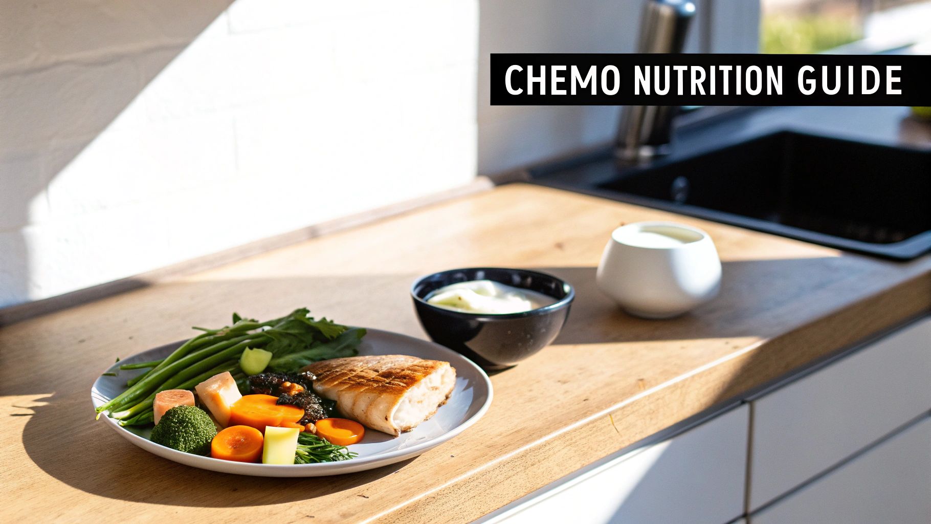 A healthy, balanced meal with grilled fish, green beans, carrots, and broccoli on a kitchen counter.