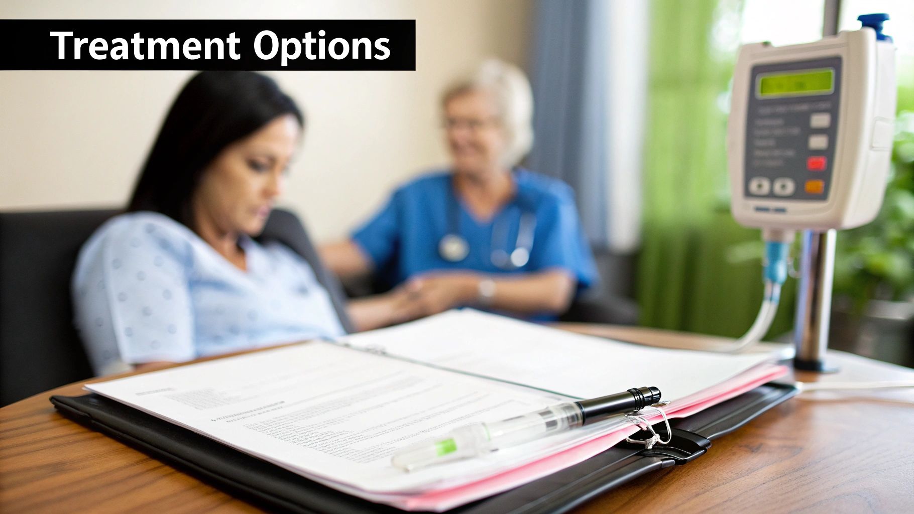 A patient discusses treatment options with a nurse, with an IV pump nearby in a medical setting.