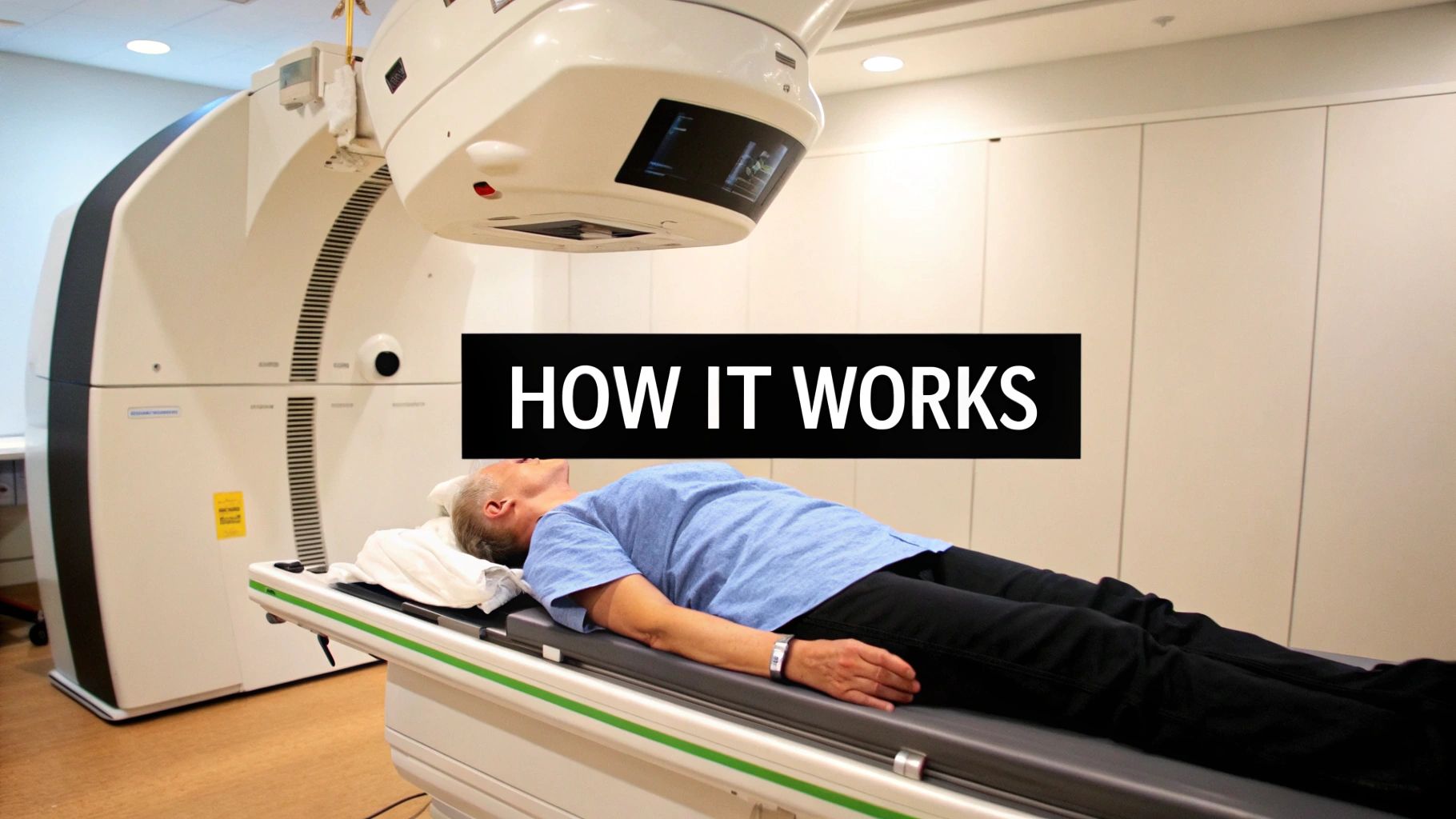 An older patient is positioned on a table beneath a large medical radiation therapy device.