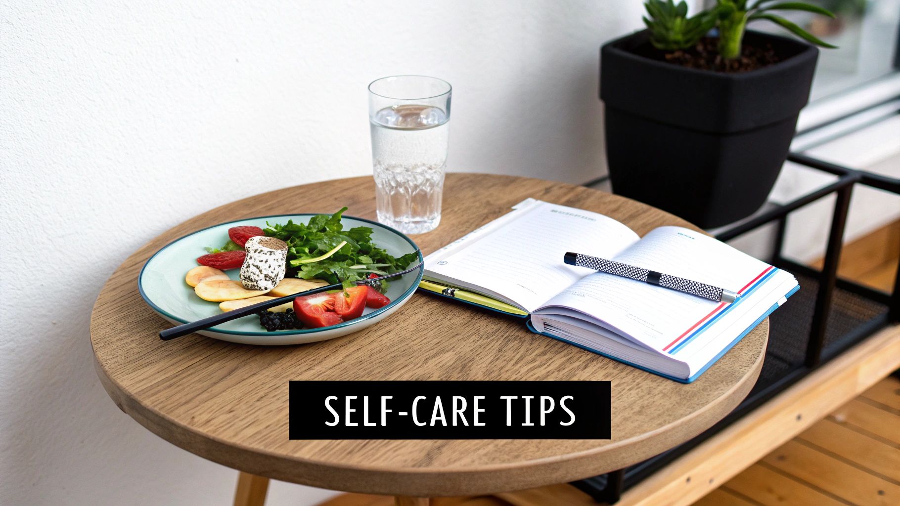 Healthy self-care meal with a fresh salad, water, and an open journal on a wooden table.