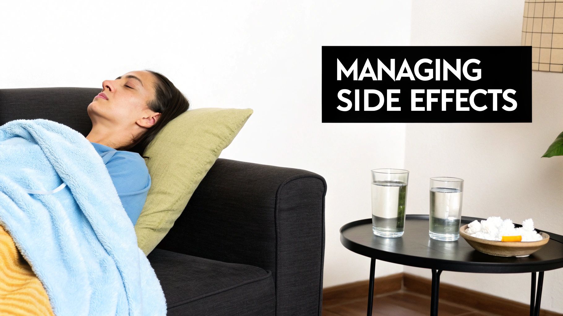 A woman rests on a couch under a blue blanket, with water and medication on a nearby table, and text 'MANAGING SIDE EFFECTS'.