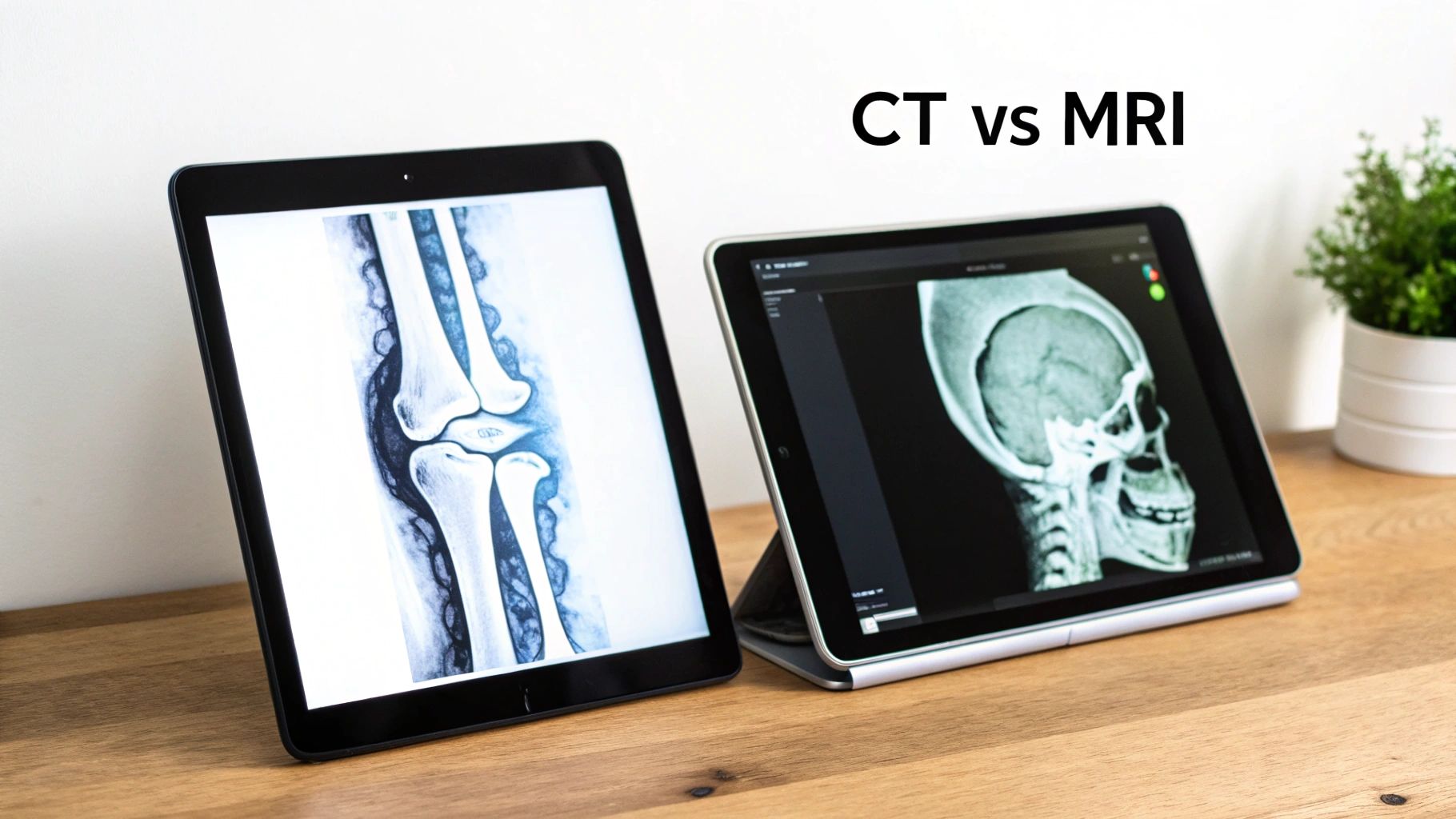 Two tablets displaying medical imaging scans, one of a knee and one of a skull, with text CT vs MRI.