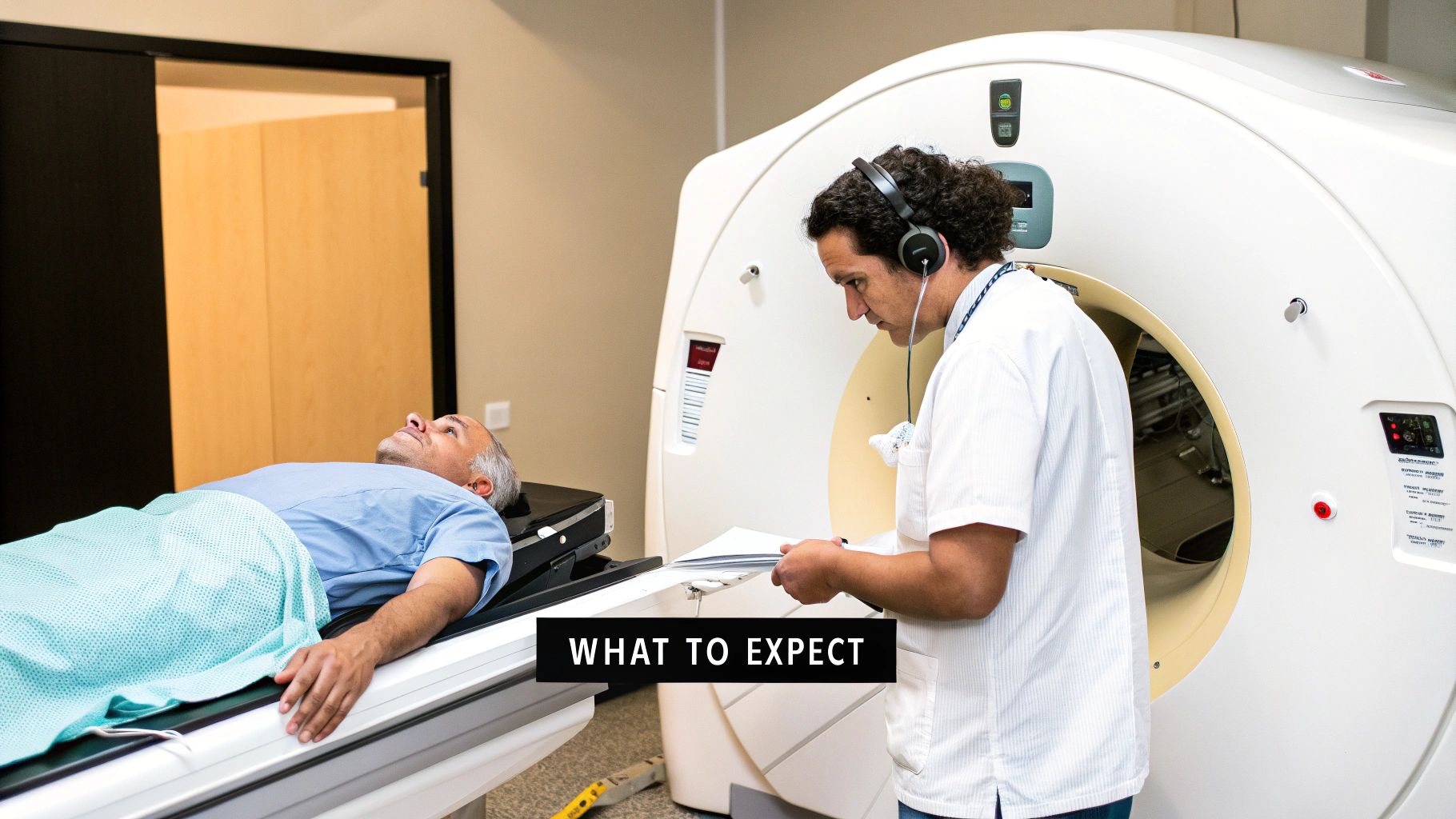 Patient lying on a bed entering a CT scan machine, with a medical technician nearby.