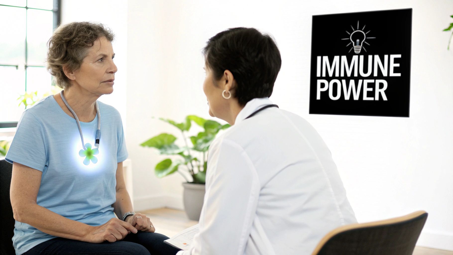 Woman in blue shirt with glowing flower pendant consulting a doctor about immune power.