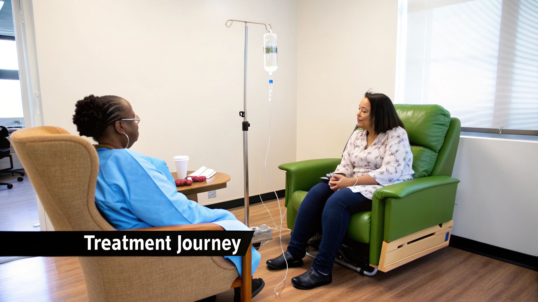 Two women in a clinic, one receiving an IV infusion, discussing treatment.