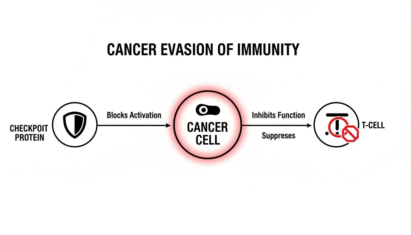 Diagram illustrating how cancer cells evade immunity by blocking activation and suppressing T-cells.