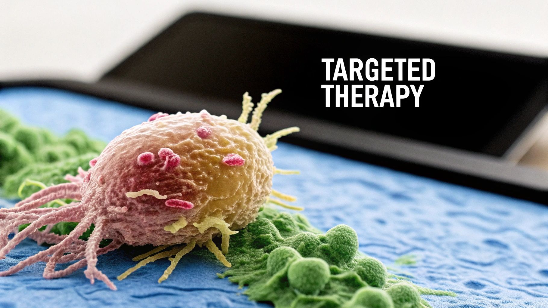 A microscopic image of a cancer cell with tentacles and other cells, showing 'TARGETED THERAPY' text on a dark screen.