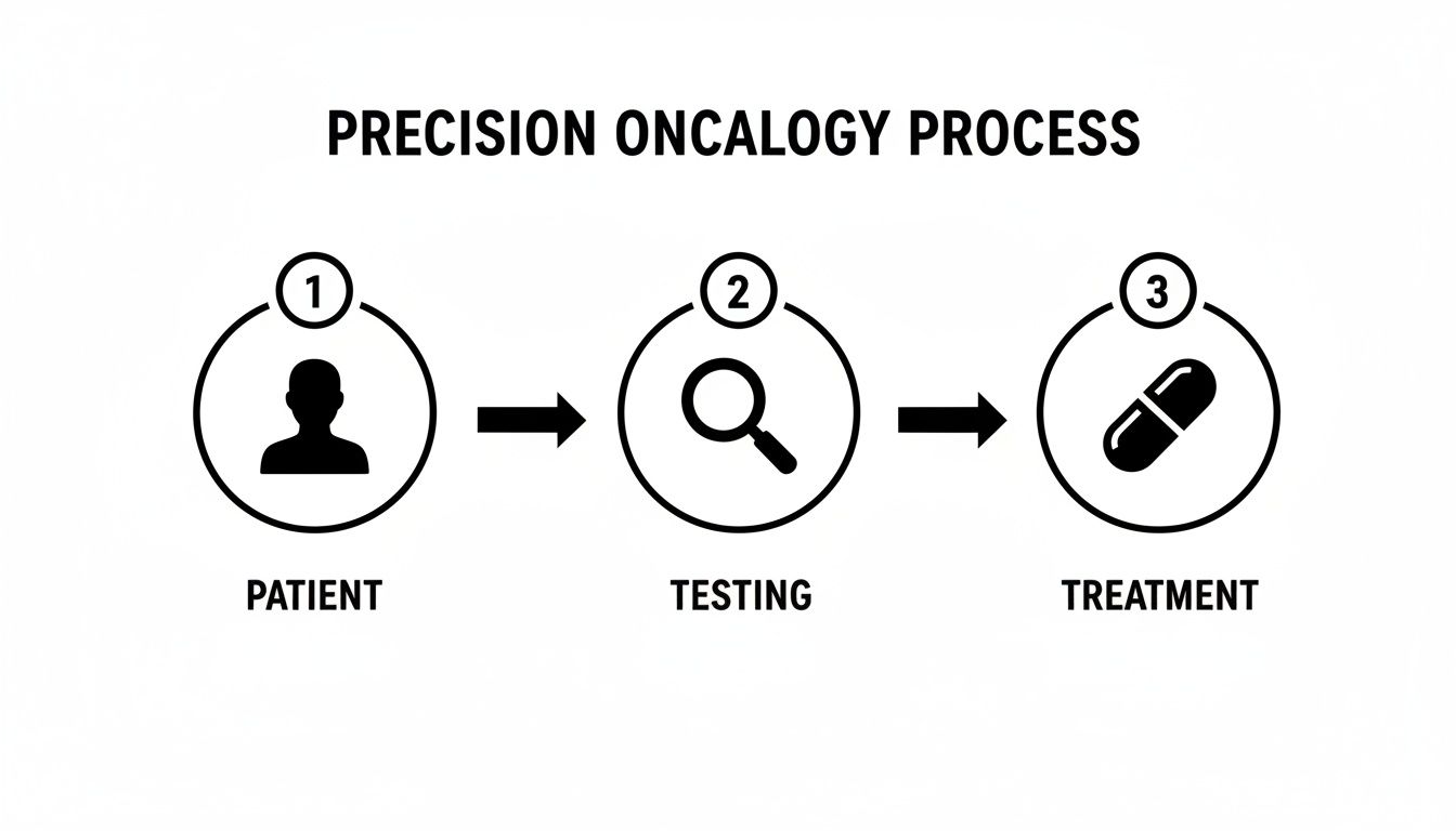 A precision oncology process infographic showing three steps: patient, testing, and treatment.