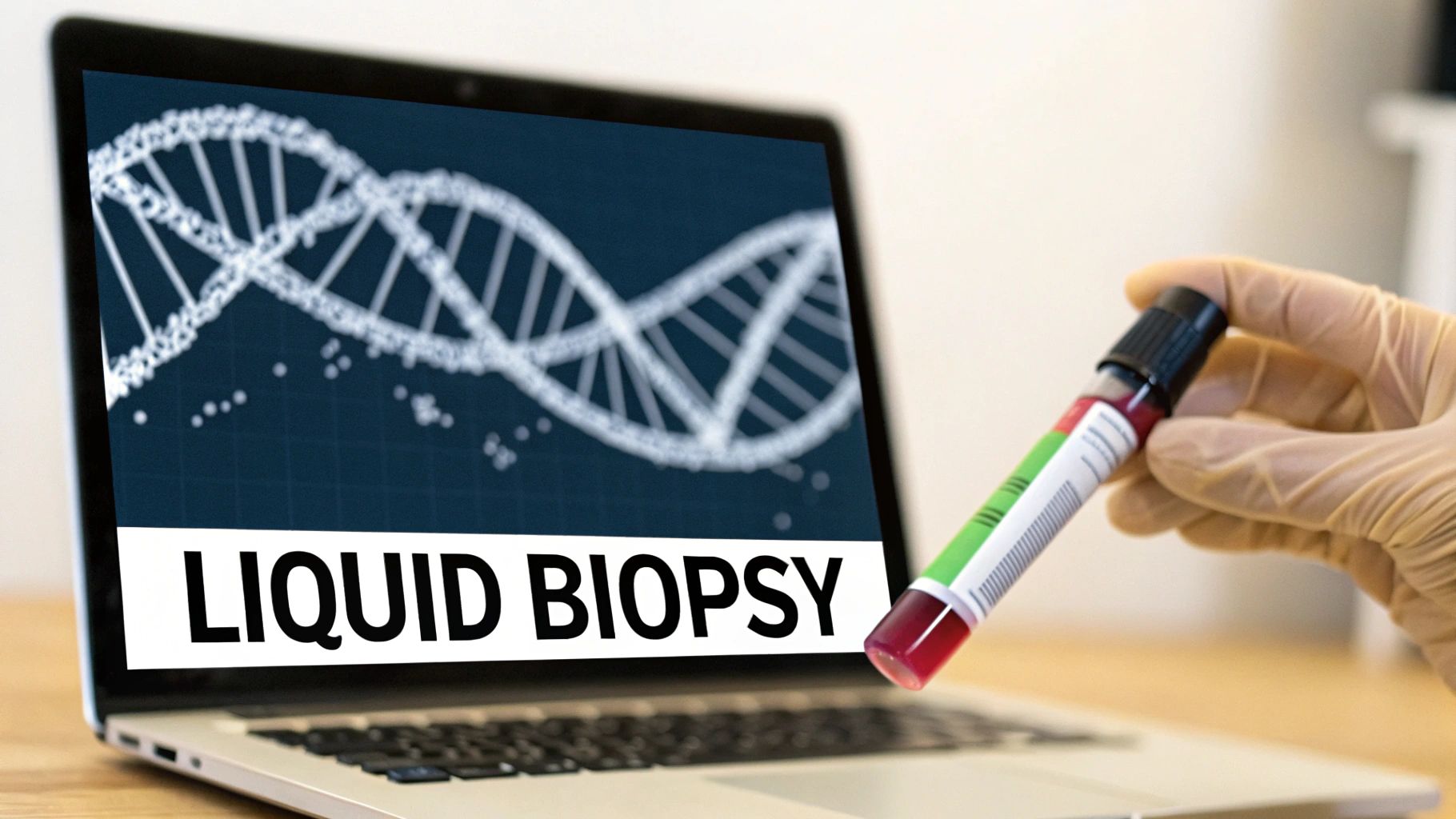 A gloved hand holds a blood sample tube next to a laptop displaying 'LIQUID BIOPSY' and a DNA helix.
