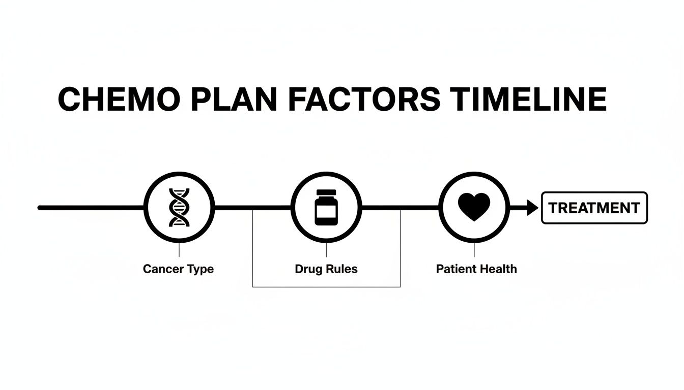 Timeline illustrating factors for a chemotherapy plan: Cancer Type, Drug Rules, Patient Health, leading to treatment.