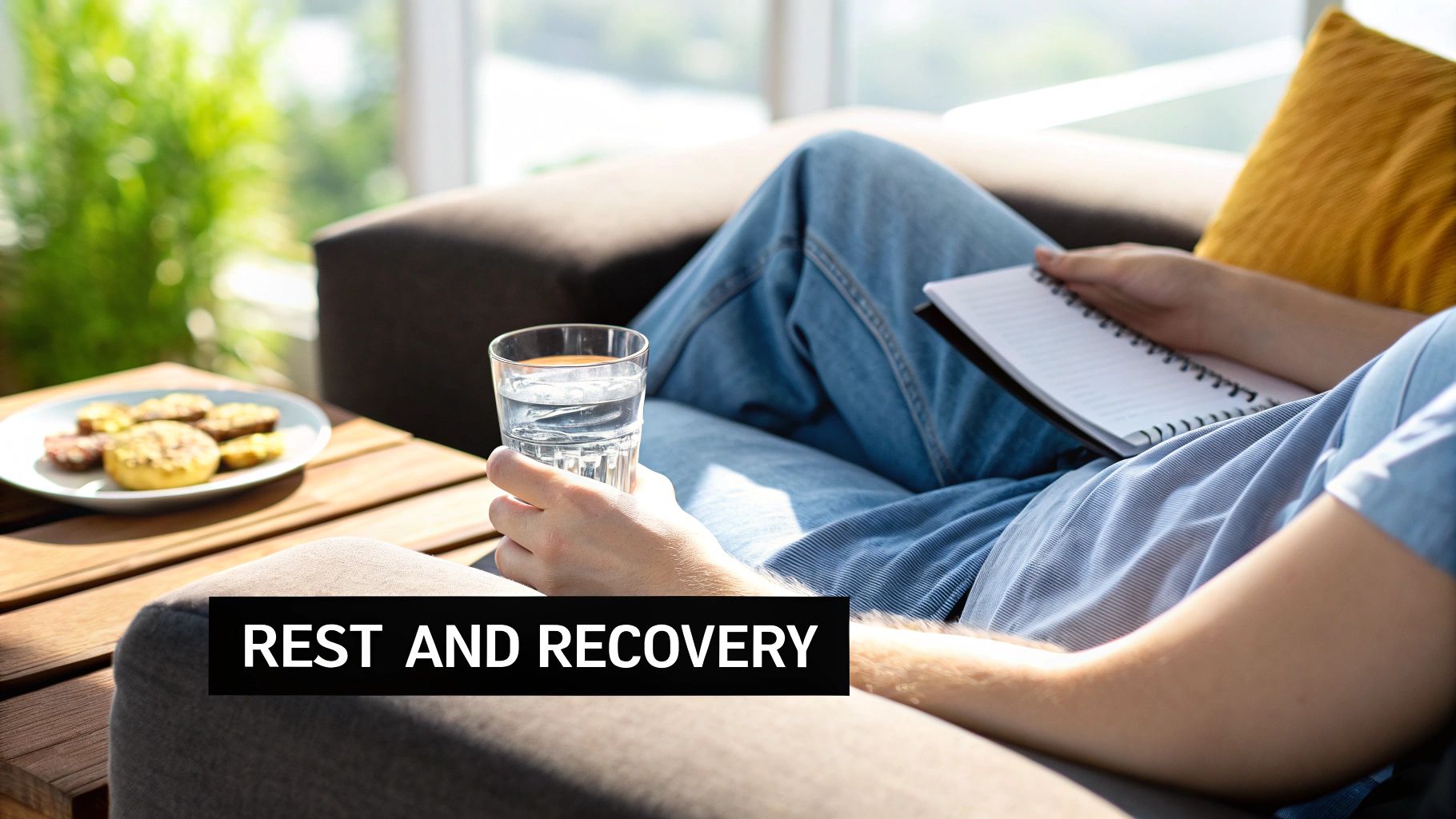 A person relaxing on a couch, holding a glass of water and a notebook, with snacks.
