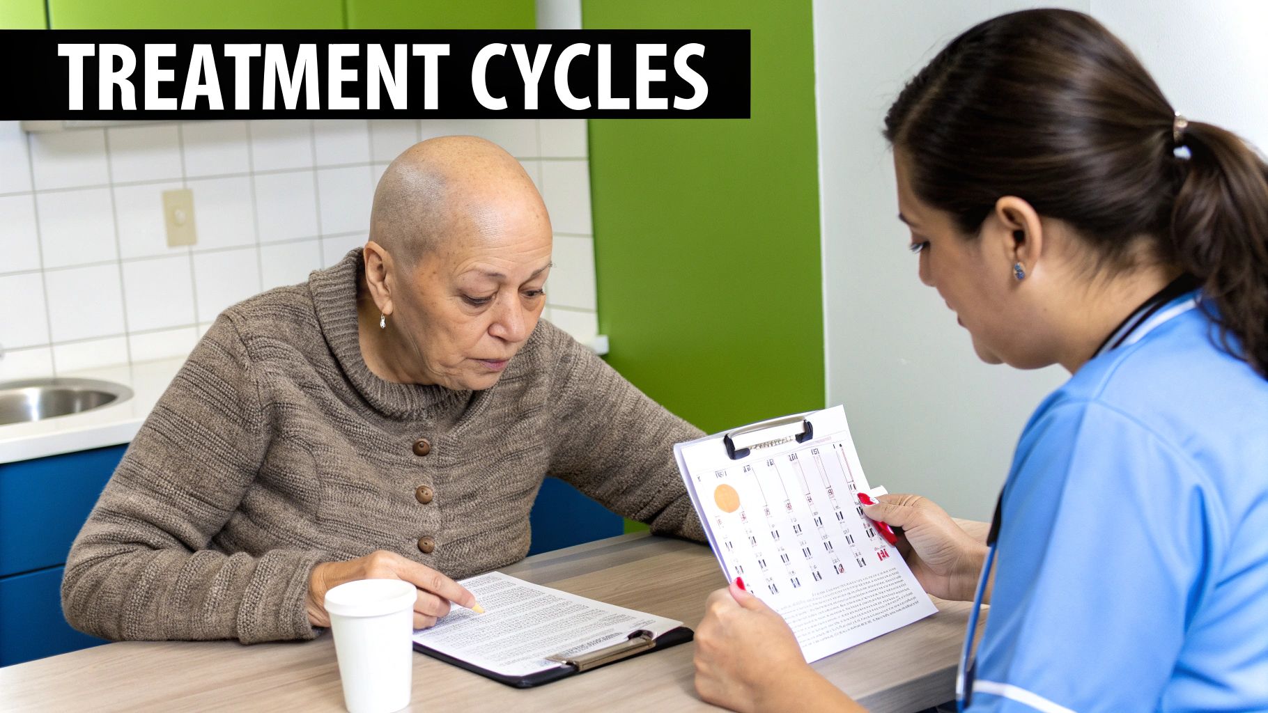 A bald woman and a healthcare professional discuss treatment cycles using a calendar and documents.