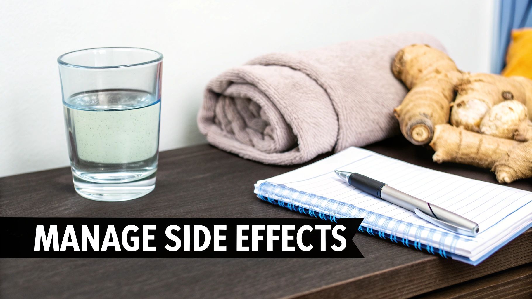 A glass of water, a rolled towel, ginger, a notebook, and a pen on a table, with text 'MANAGE SIDE EFFECTS'.