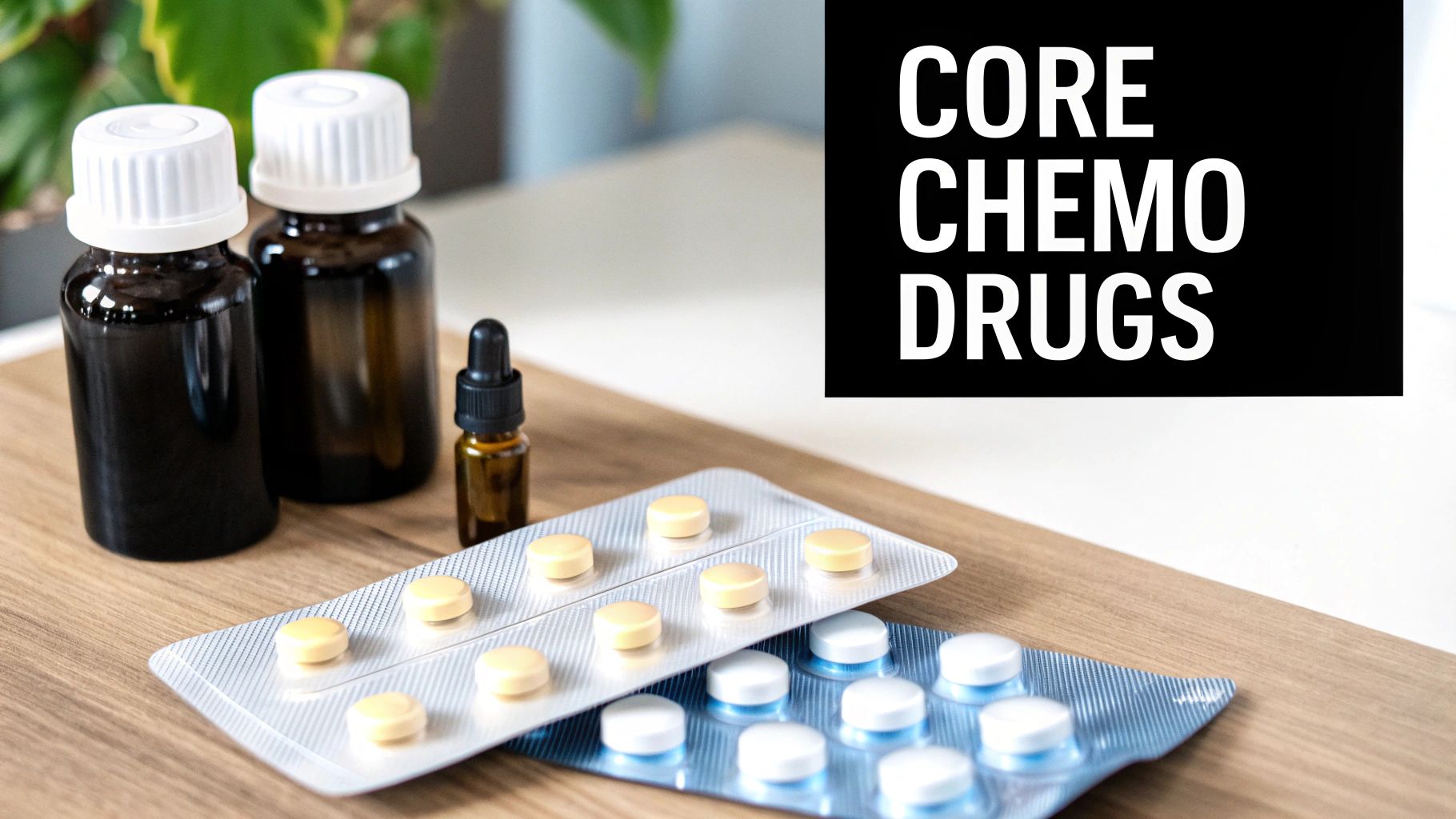 Bottles, blister packs of pills, and text 'CORE CHEMO DRUGS' on a wooden table.