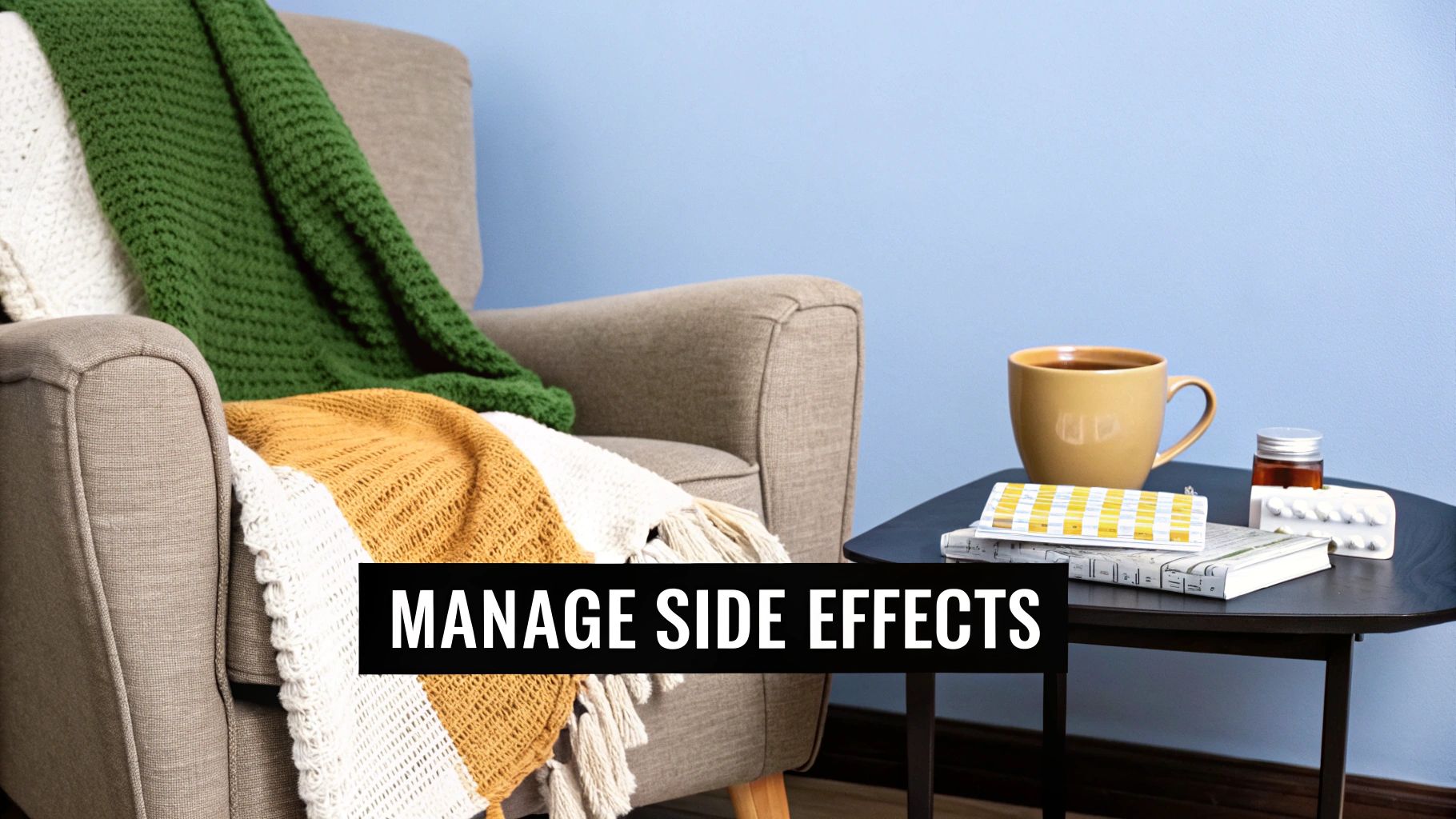 Cozy armchair with blankets, a mug, and various medications on a side table to manage side effects.