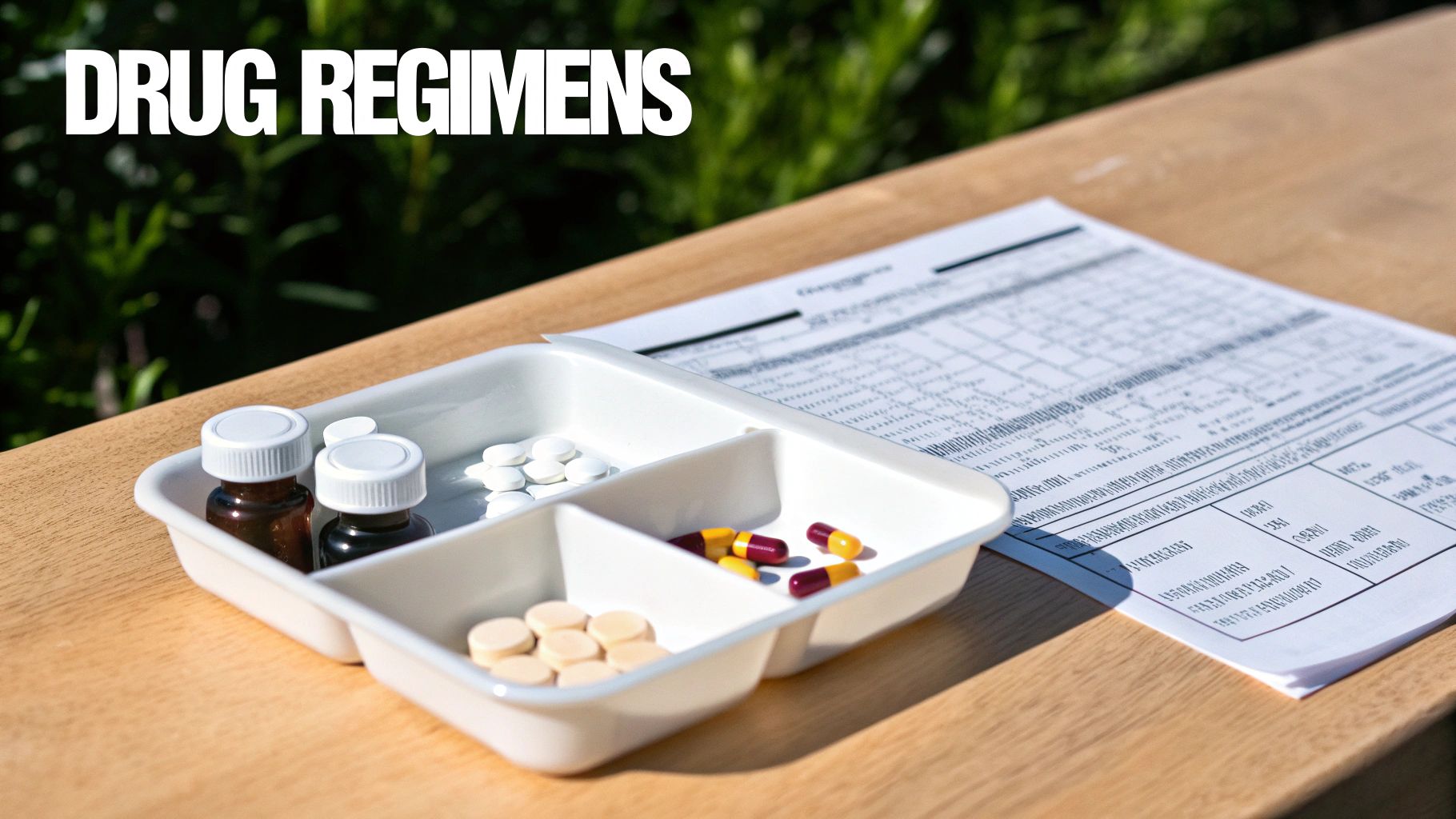 A white pill organizer with various pills and two small medicine bottles, next to a document, on a wooden surface, with the text 'DRUG REGIMENS' at the top.