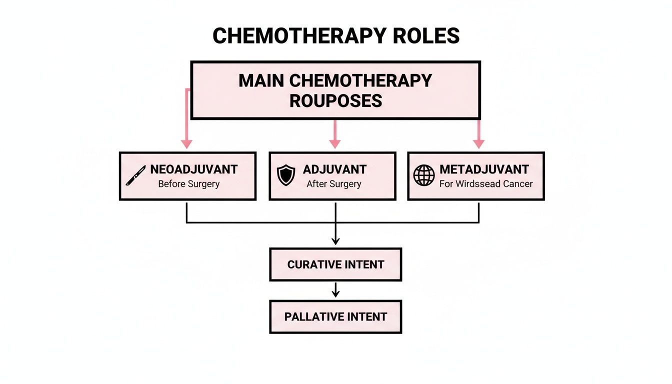 Flowchart detailing chemotherapy roles: neoadjuvant, adjuvant, and for widespread cancer, with curative or palliative intent.
