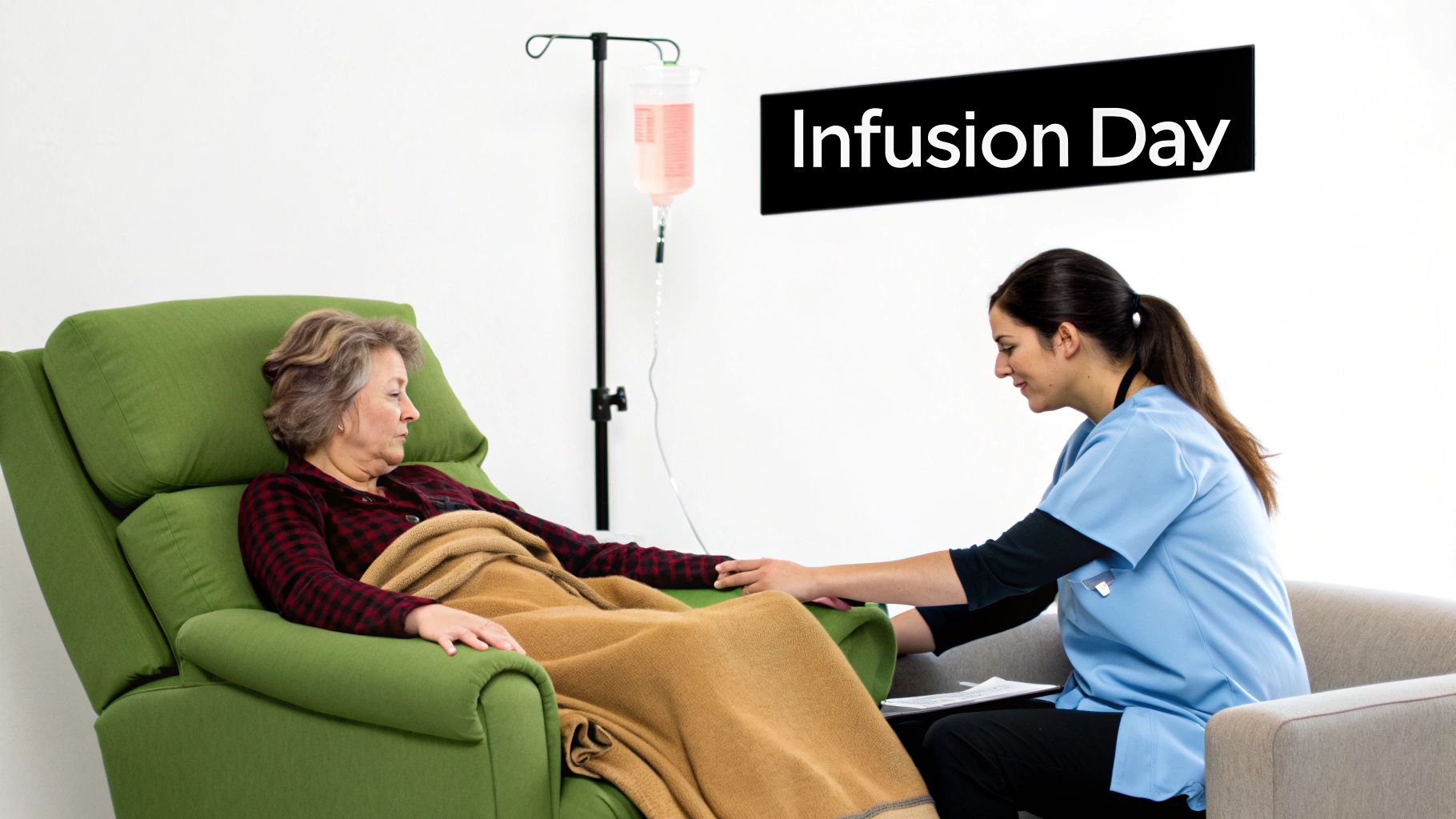 An elderly woman receives an IV infusion from a nurse during an 'Infusion Day' treatment.