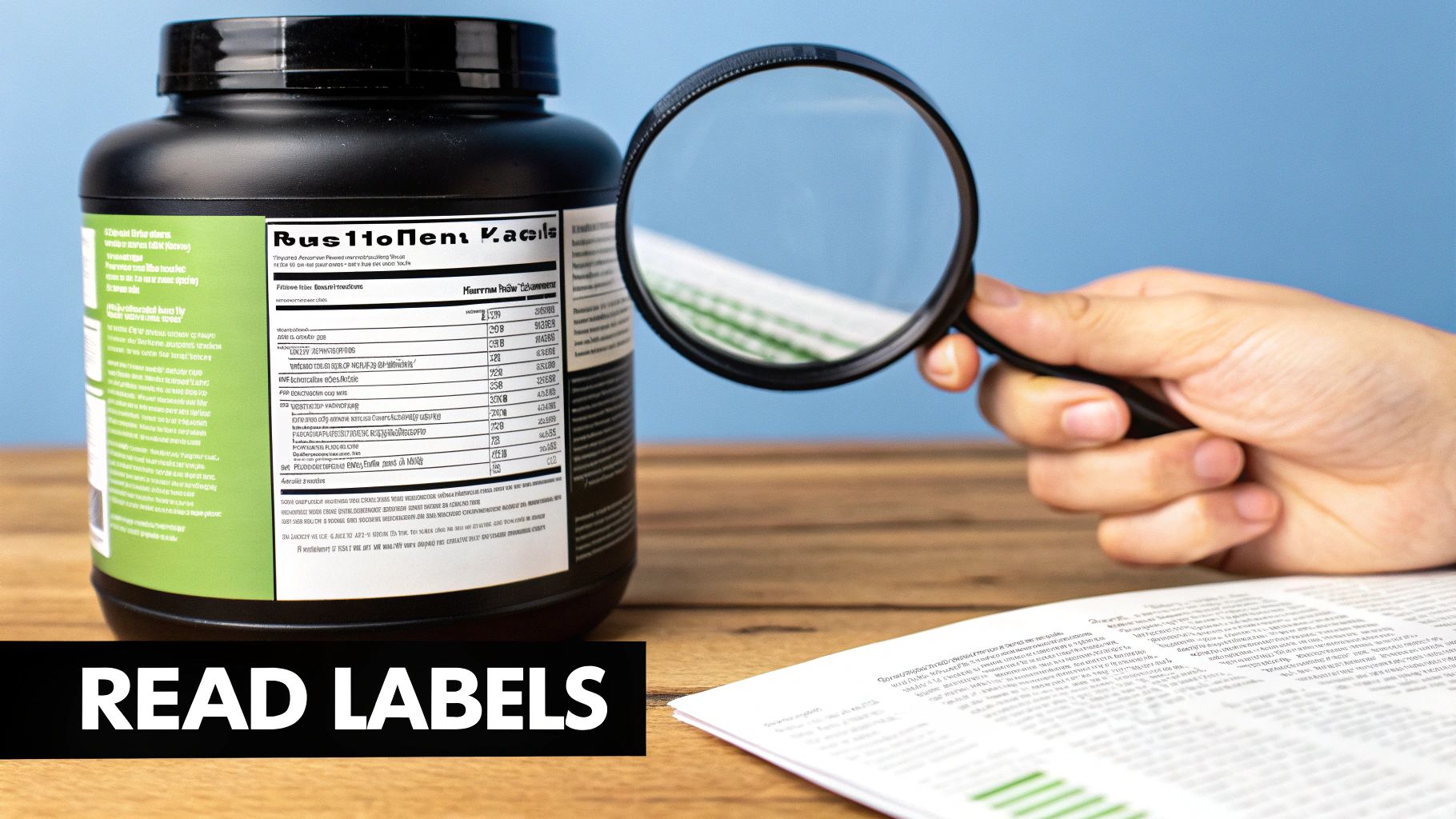 Hand using a magnifying glass to carefully read a nutrition label on a black protein powder container.