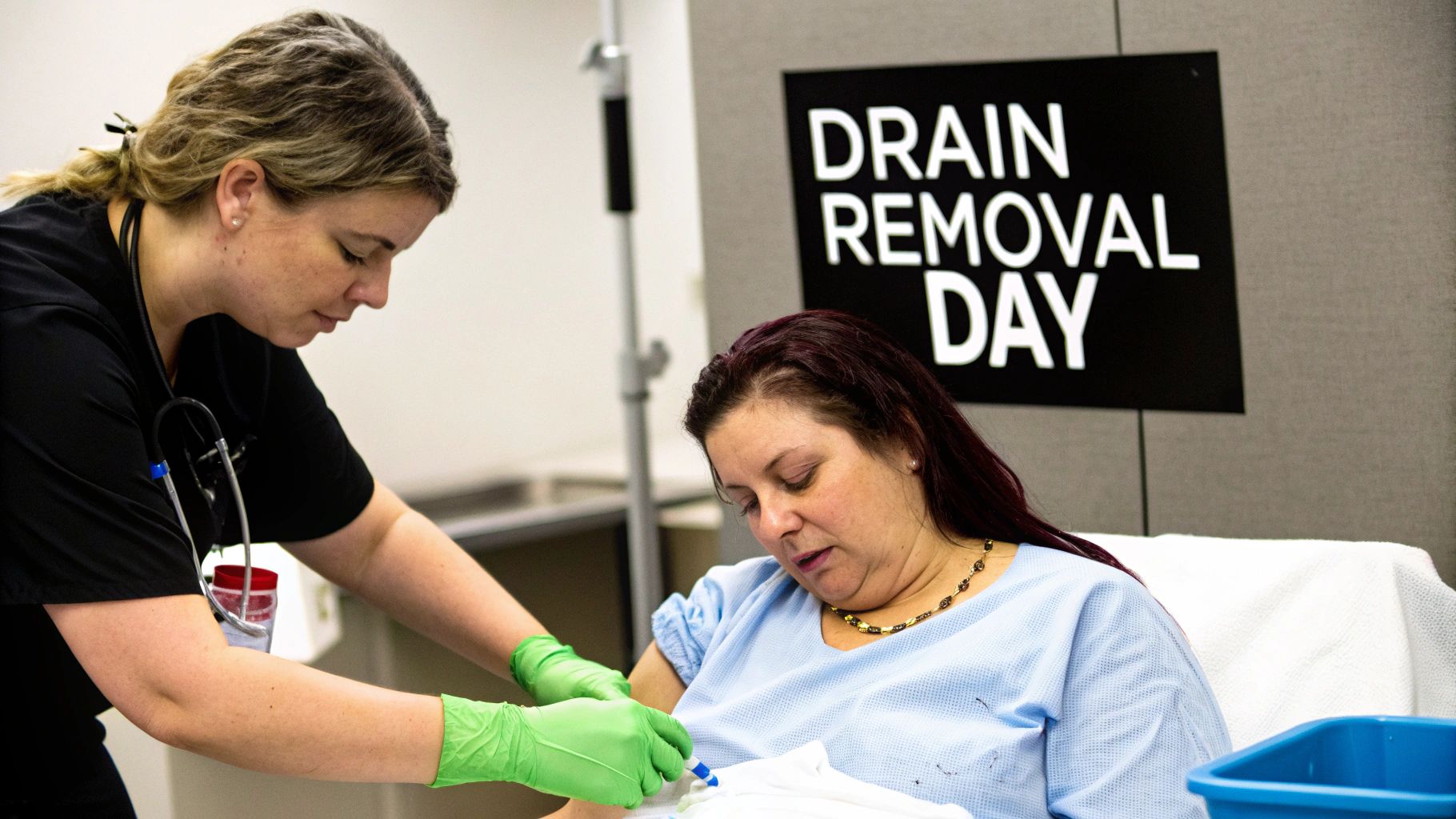 A healthcare worker wearing green gloves tends to a female patient during drain removal day.