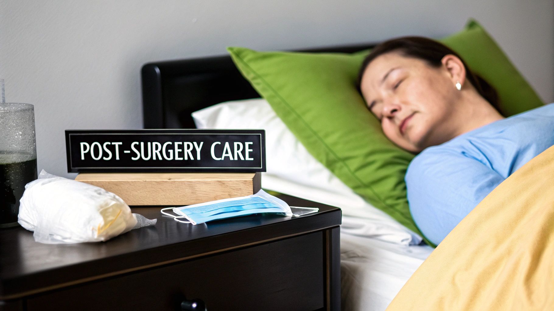 A woman sleeps in bed, recovering post-surgery, with a 'POST-SURGERY CARE' sign on her nightstand.