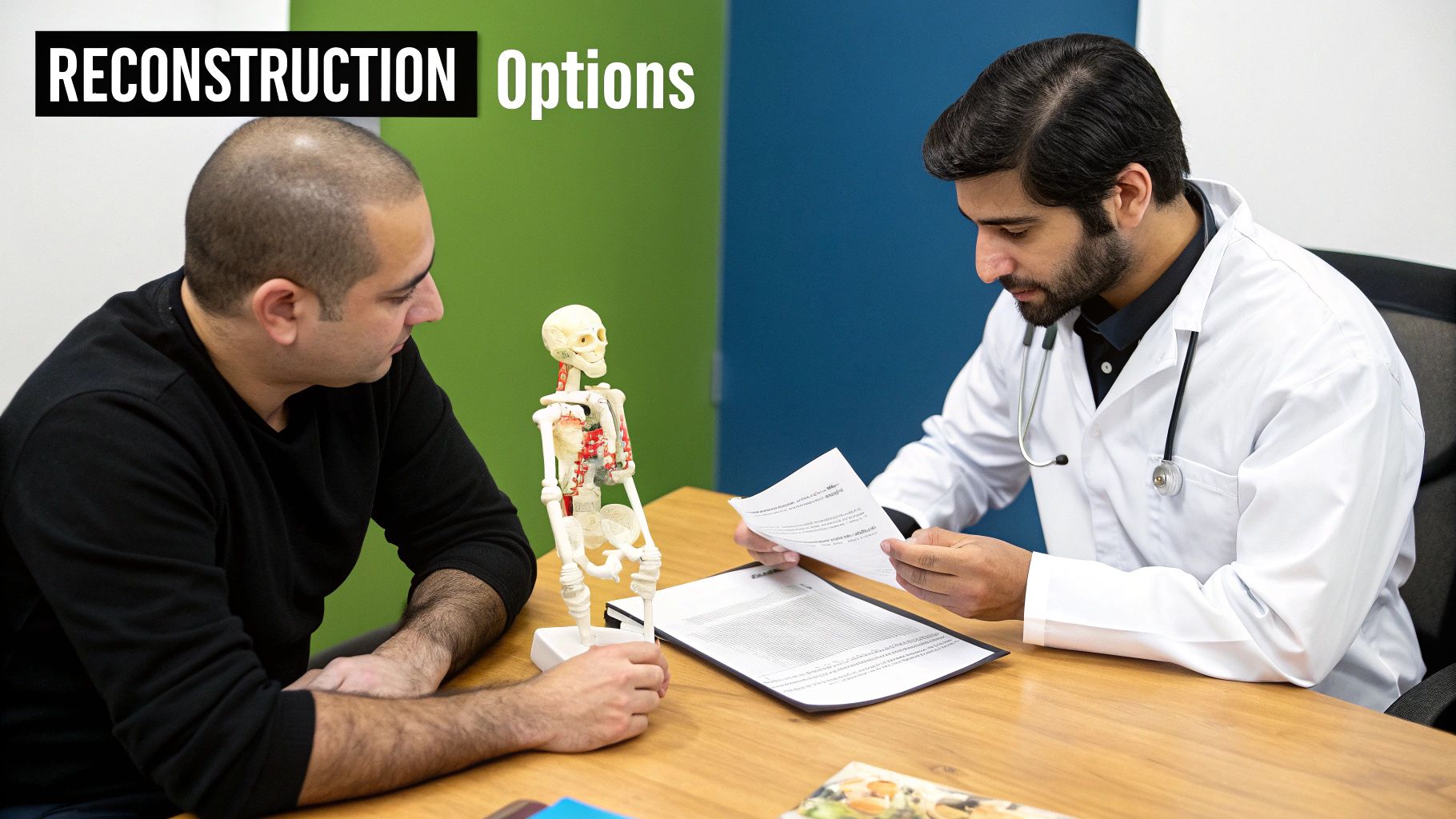 A doctor and patient discuss reconstruction options, with a small skeleton model on the table.