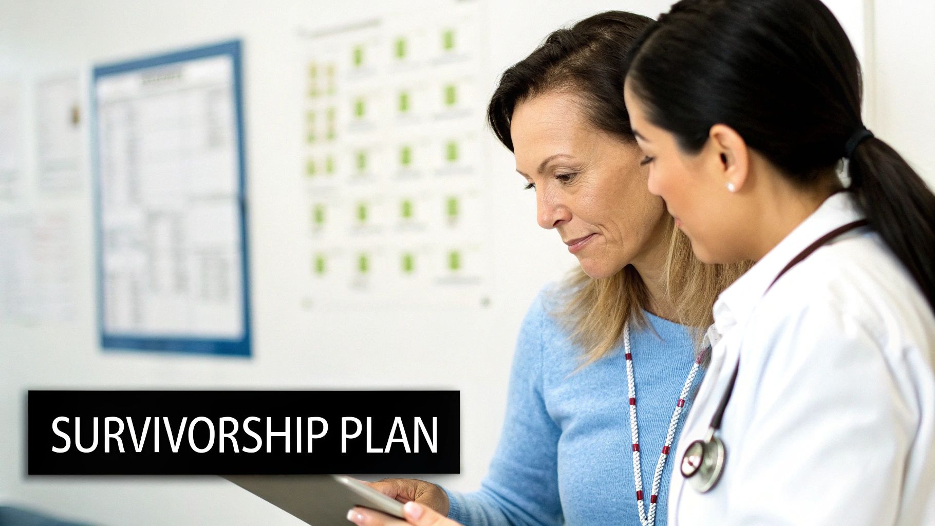 Two women, one a doctor, consult a tablet about a survivorship plan in a medical setting.