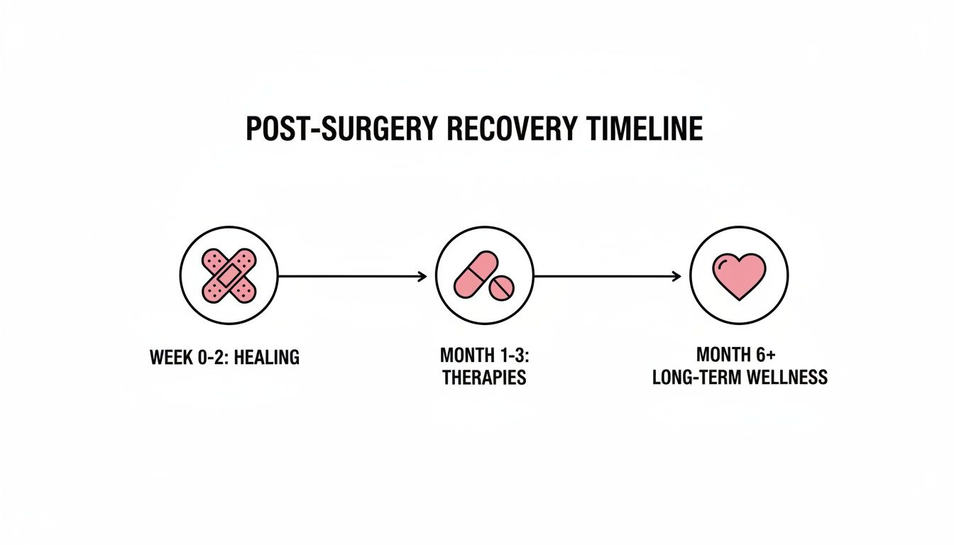 A post-surgery recovery timeline illustrating three stages: week 0-2 healing, month 1-3 therapies, and month 6+ long-term wellness.