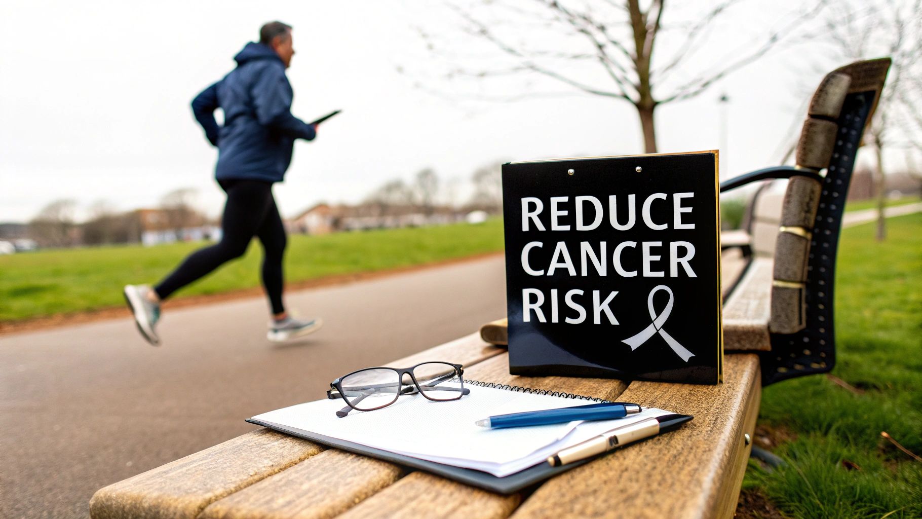 A jogger passes a park bench with a 'Reduce Cancer Risk' sign, glasses, and a notebook.