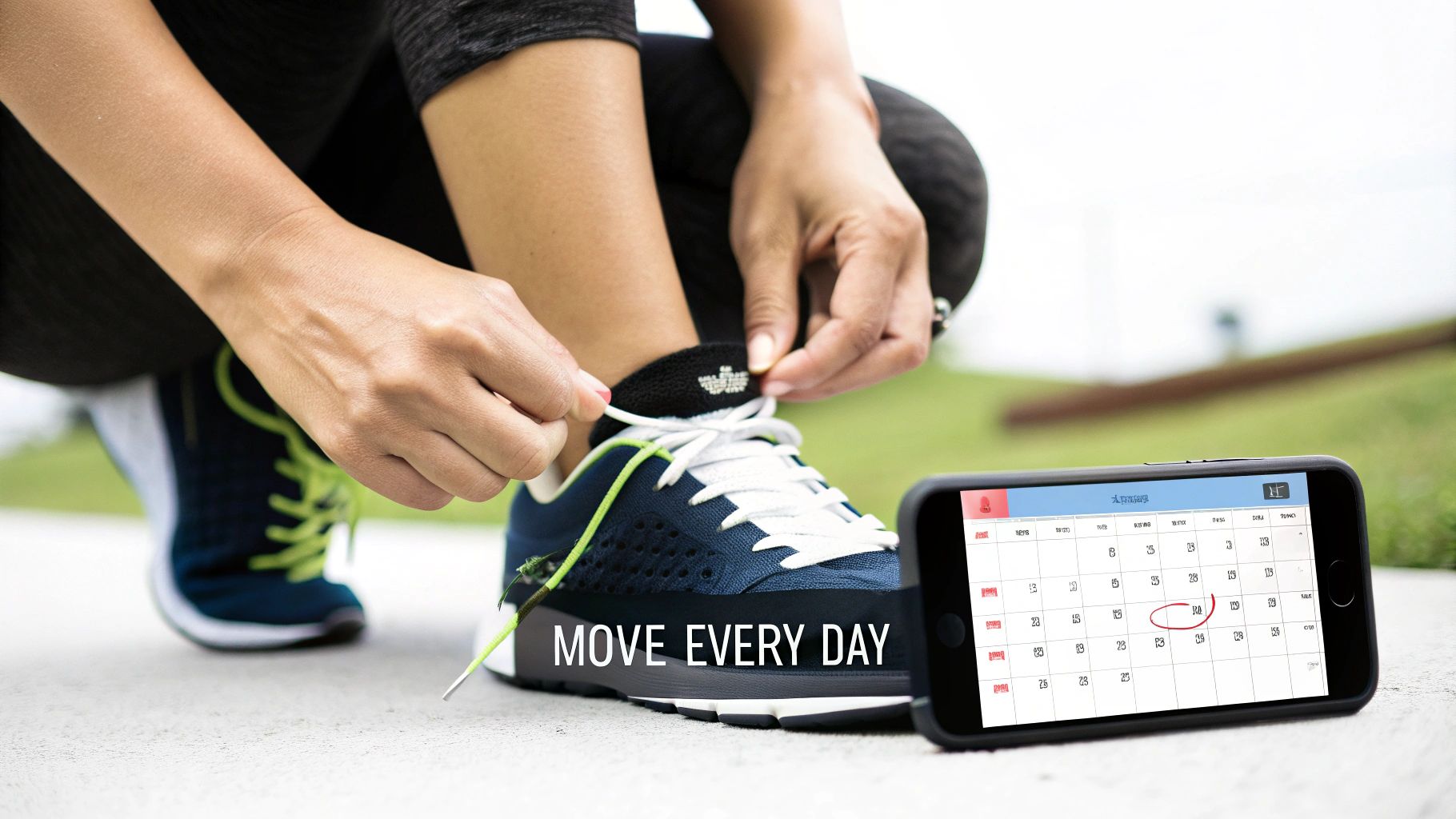 Person tying shoelaces on blue running shoes with a calendar app on a smartphone and text 'MOVE EVERY DAY'.