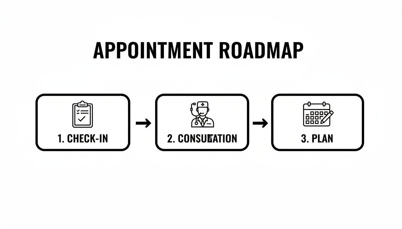 Roadmap illustrating three appointment steps: check-in, consultation, and plan with icons.