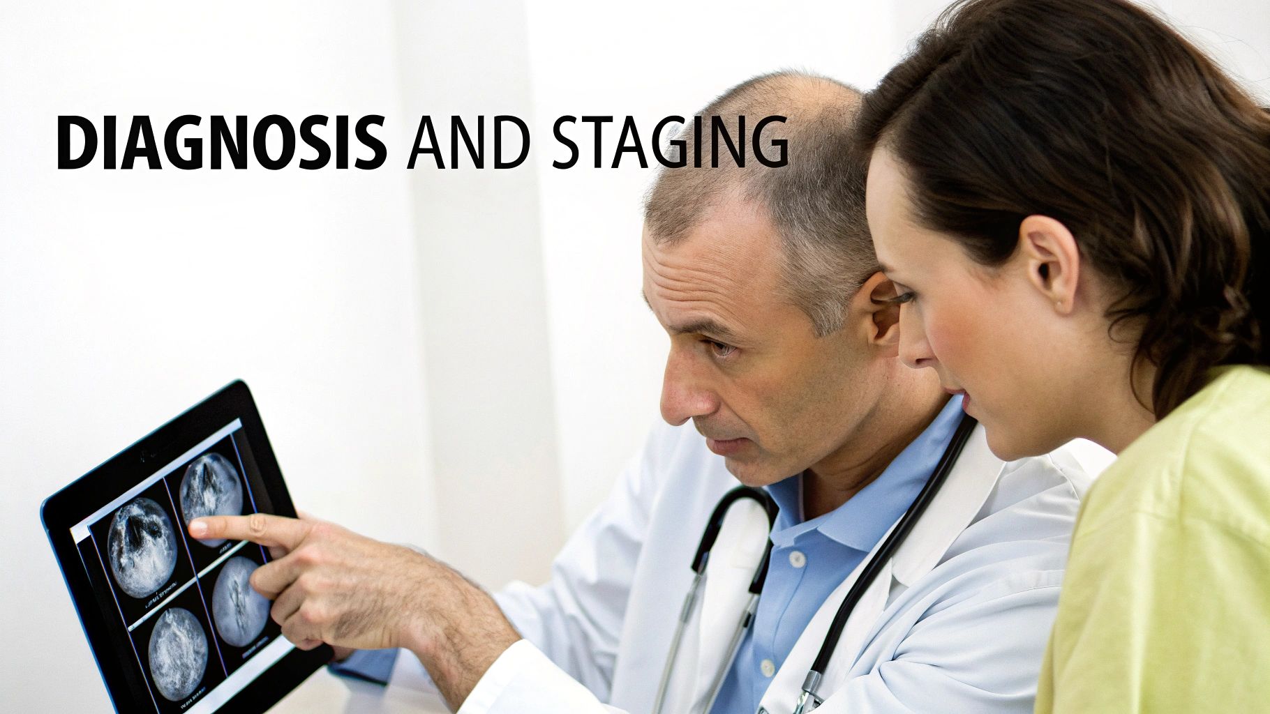 Doctor and patient review medical scans on a tablet for diagnosis and staging.