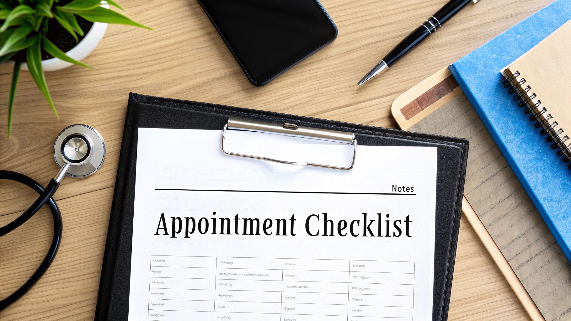 A flat lay of a desk with a medical appointment checklist, stethoscope, phone, pen, and notebooks.