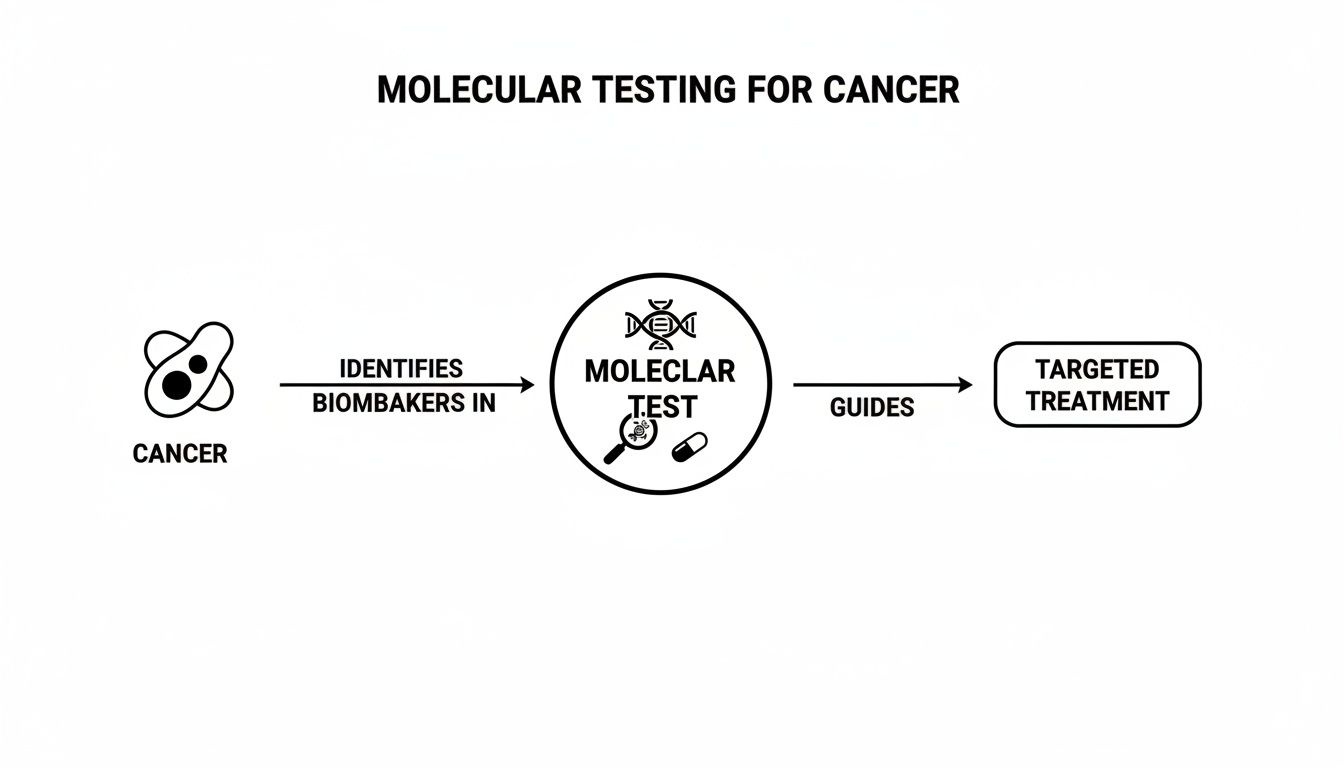 Flowchart illustrating molecular testing for cancer, identifying biomarkers to guide targeted treatment.
