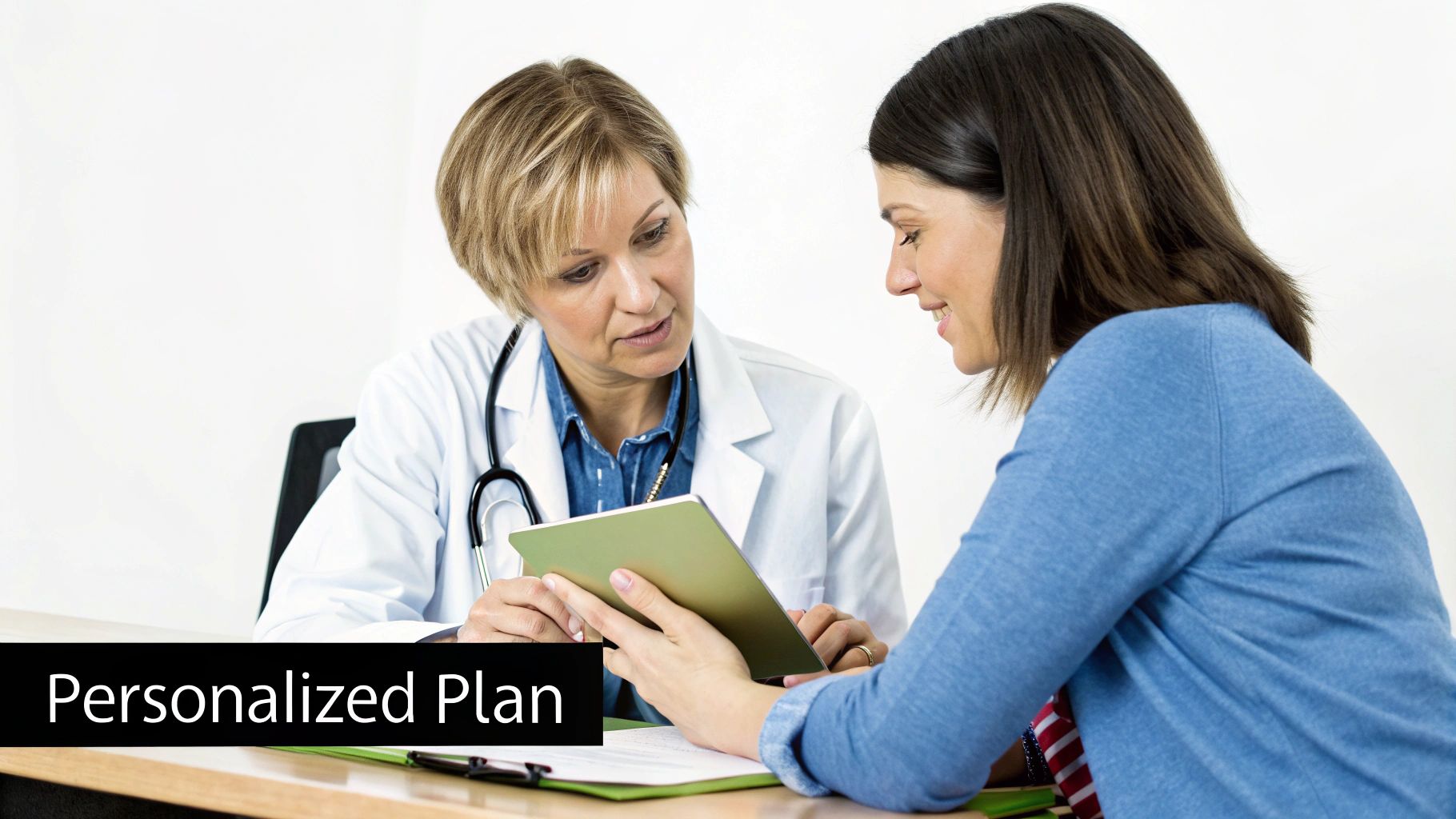 A female doctor shows a patient information on a tablet, discussing a personalized plan.