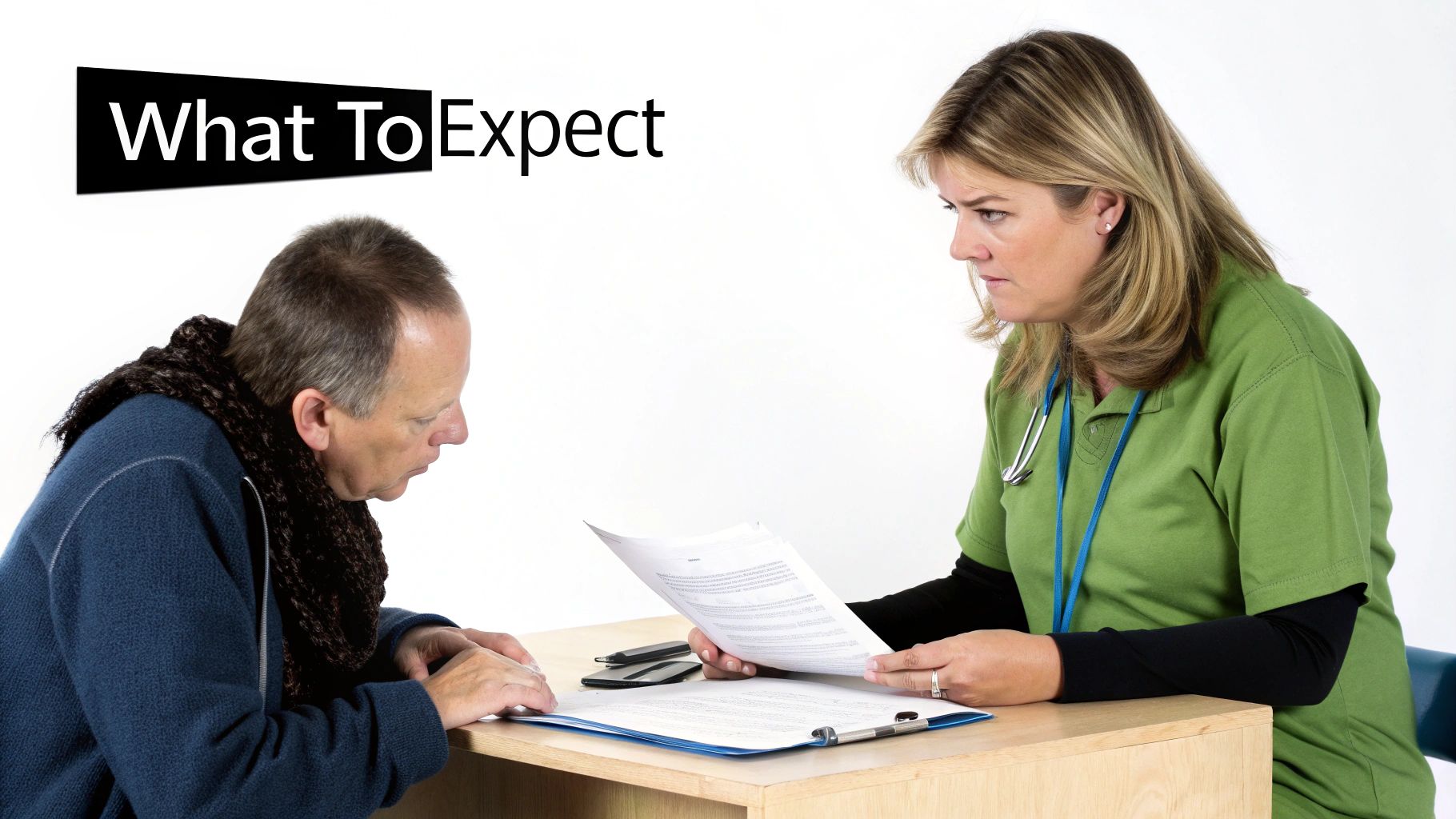 A healthcare professional discusses documents with a patient during a medical consultation at a desk.