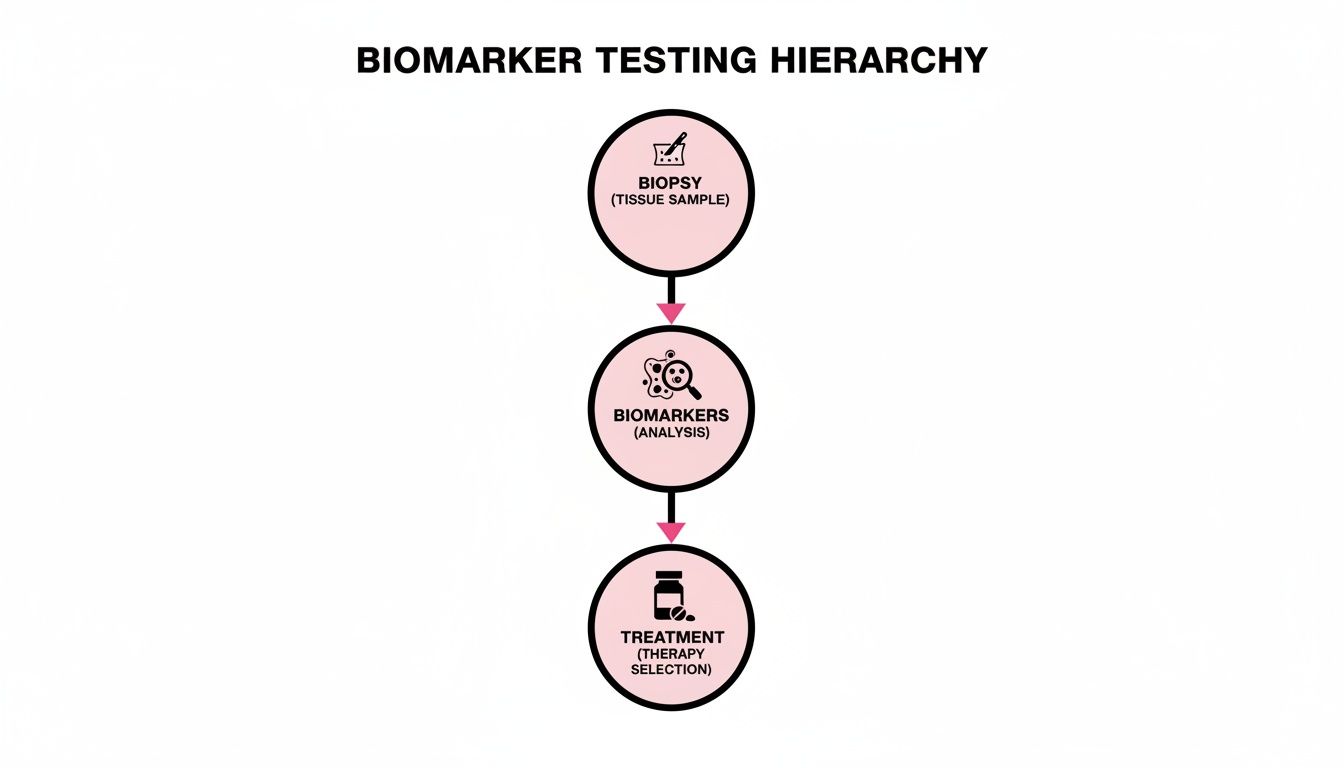 Flowchart illustrating the biomarker testing hierarchy from biopsy to analysis and therapy selection.
