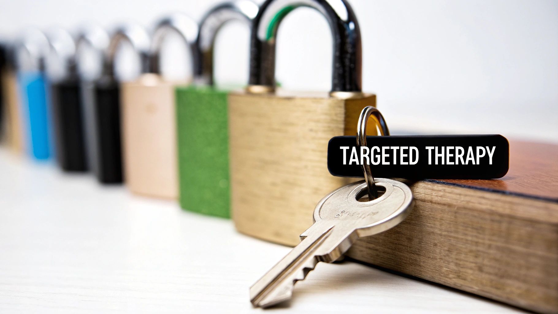 A silver key with a black keychain inscribed 'TARGETED THERAPY' rests against a book, with colorful padlocks blurred in the background.