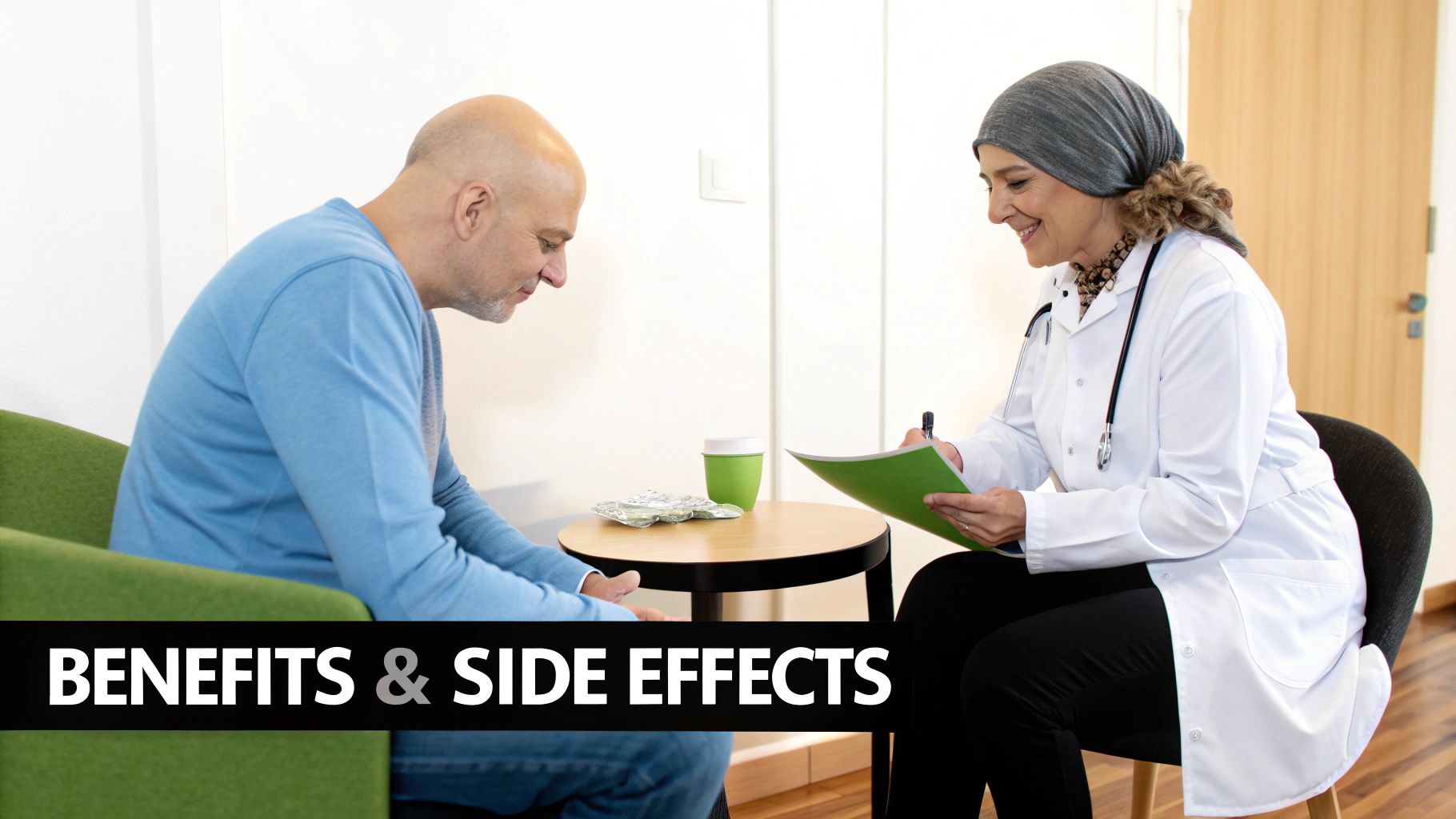 A smiling female doctor discusses medication benefits and side effects with a male patient in a clinic.