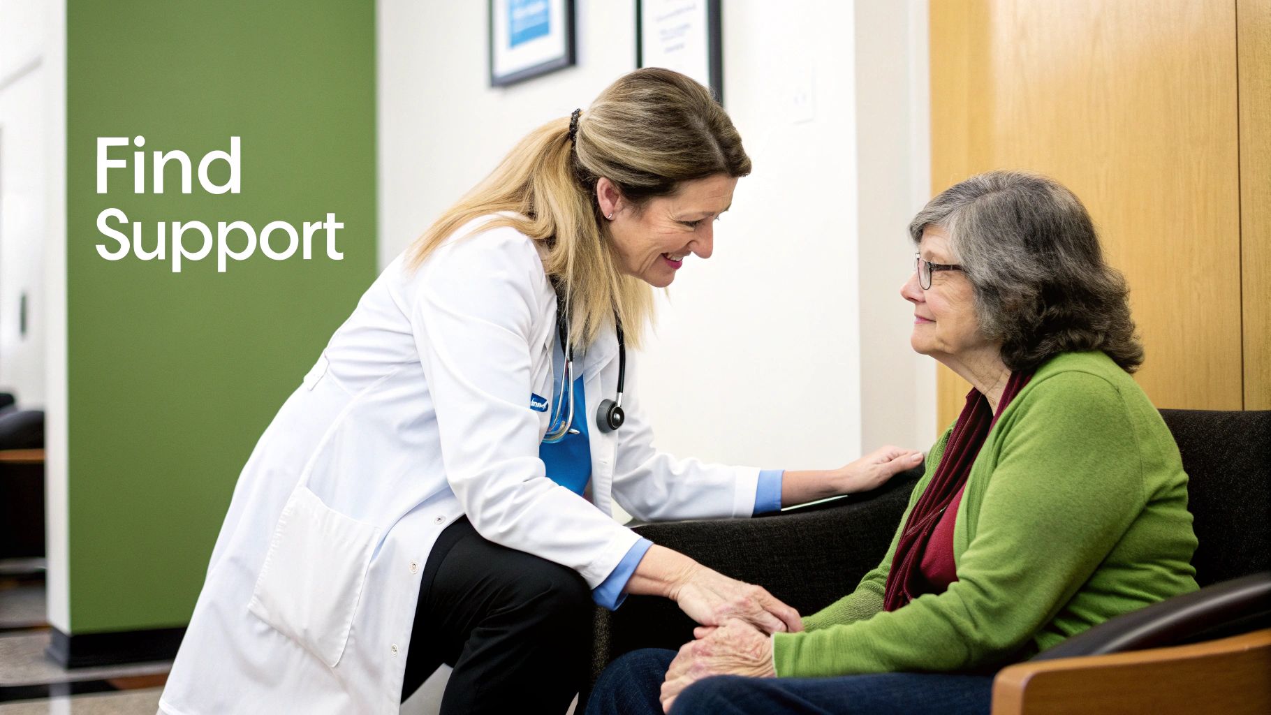 A compassionate doctor in a white coat holding an older patient's hand and smiling, offering support.