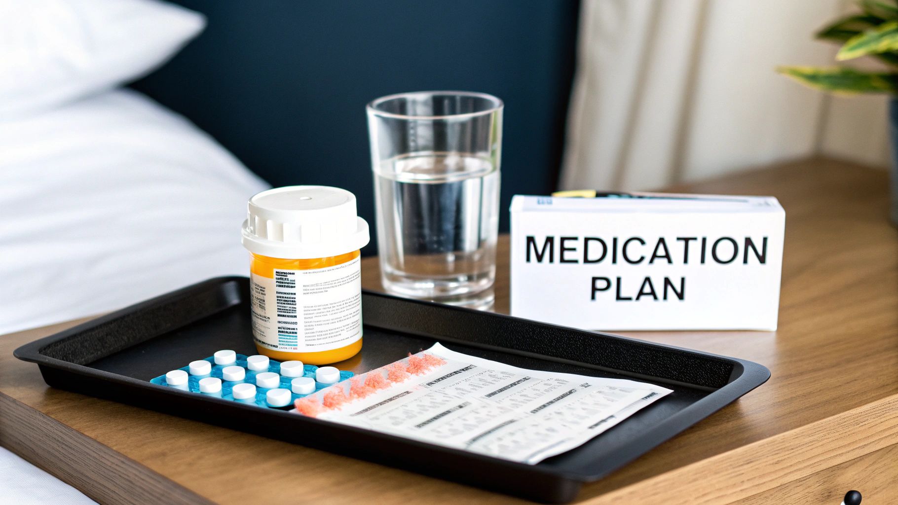 Medication supplies on a bedside table, including a pill bottle, water, and a medication plan.