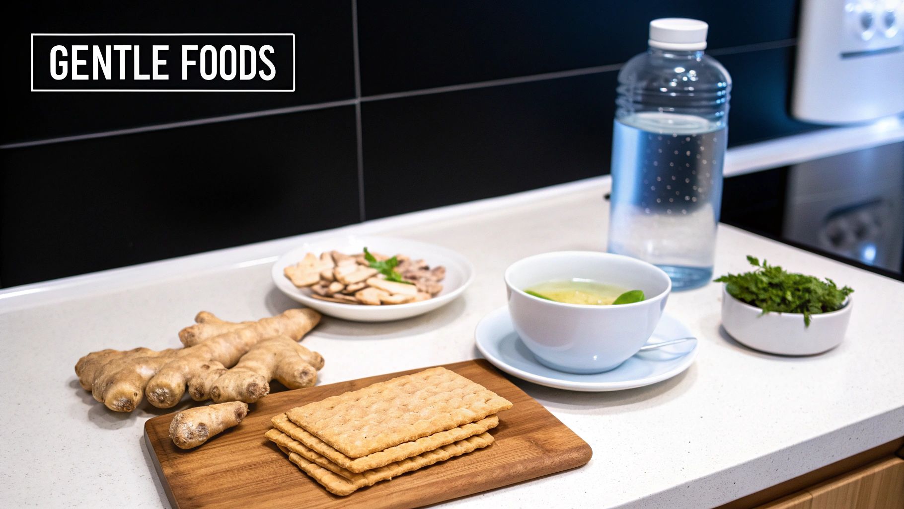 Gentle foods like ginger, plain crackers, and tea, often used to alleviate nausea.