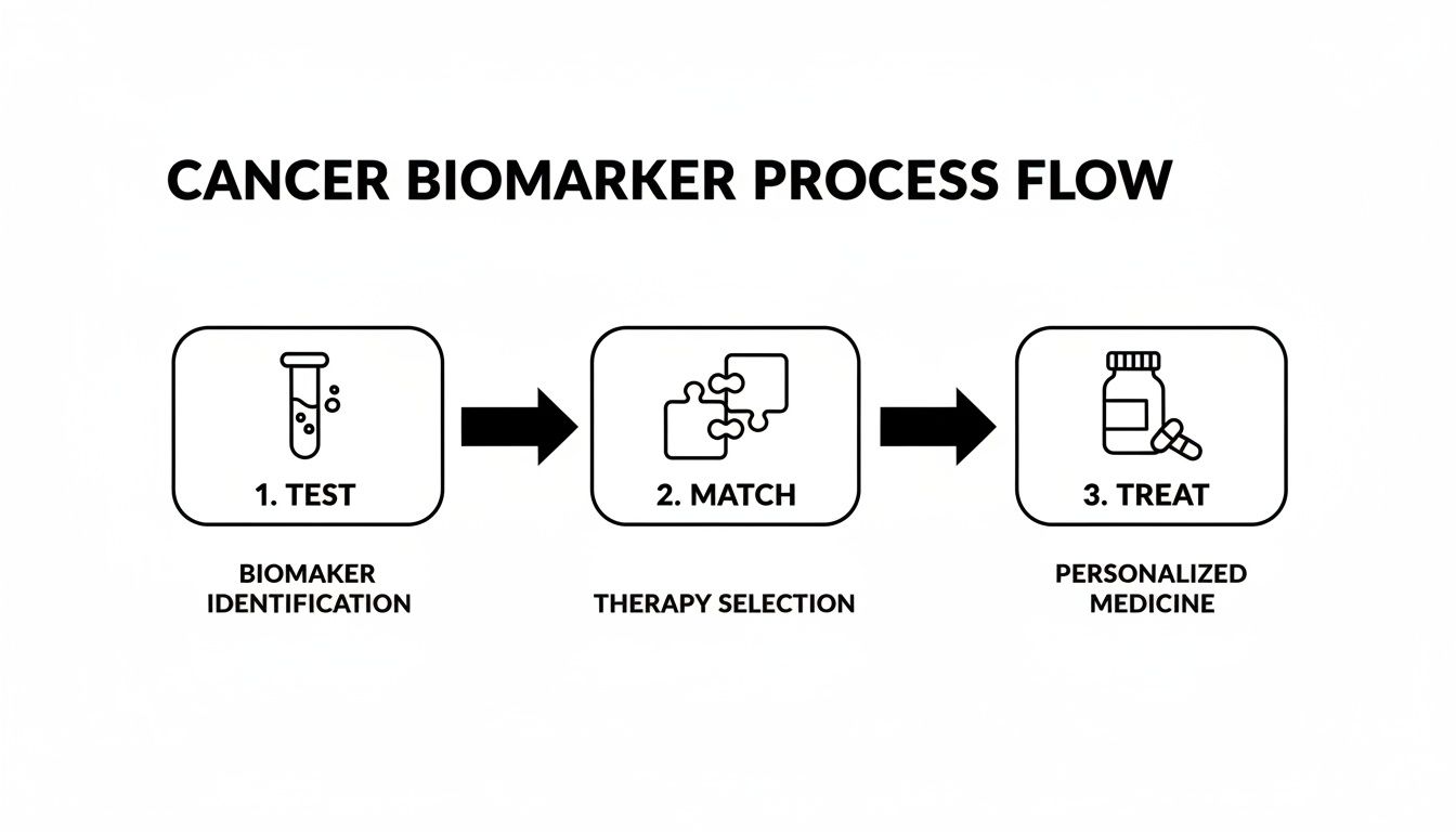 Flowchart illustrating the cancer biomarker process, showing steps for testing, matching, and personalized treatment.