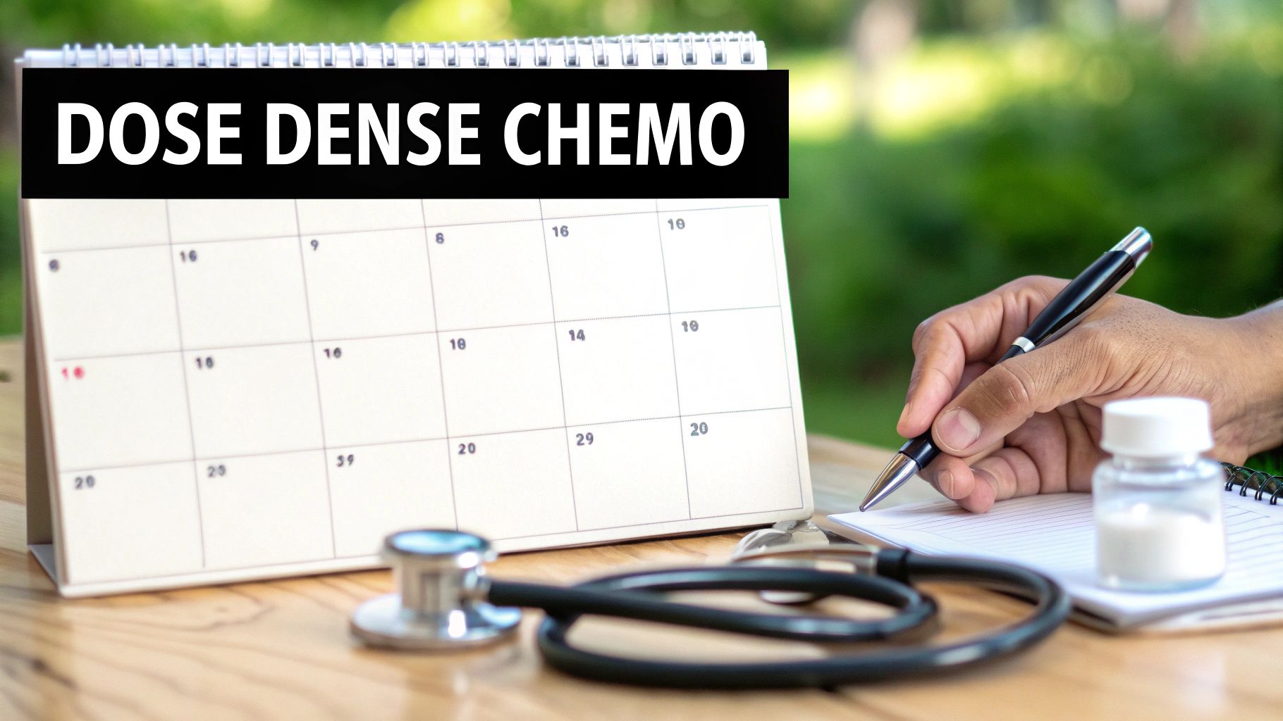 A calendar displaying 'DOSE DENSE CHEMO' with a hand writing, stethoscope, and pill bottle.