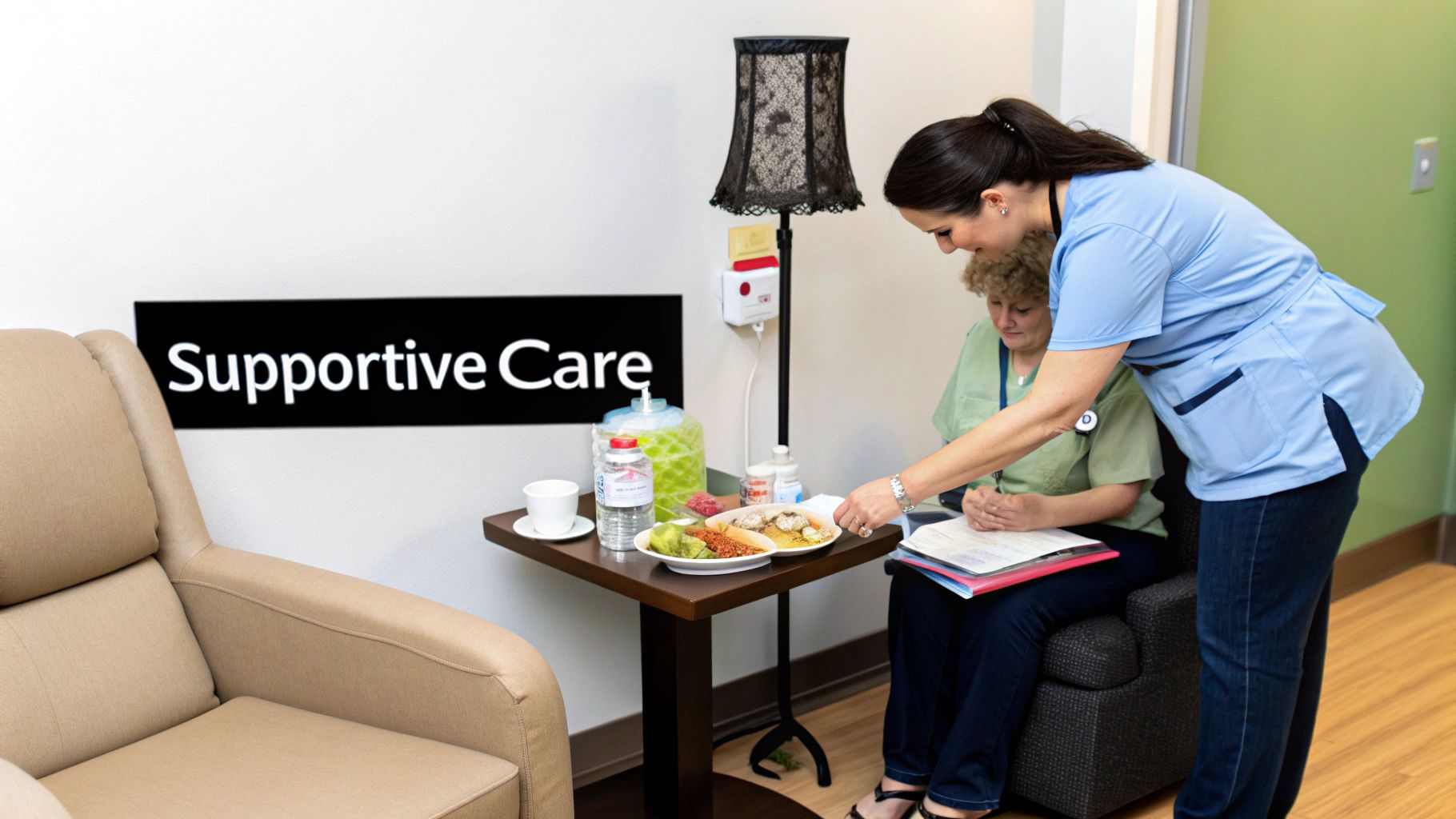 A caring nurse serves a meal to a seated patient in a supportive care room.