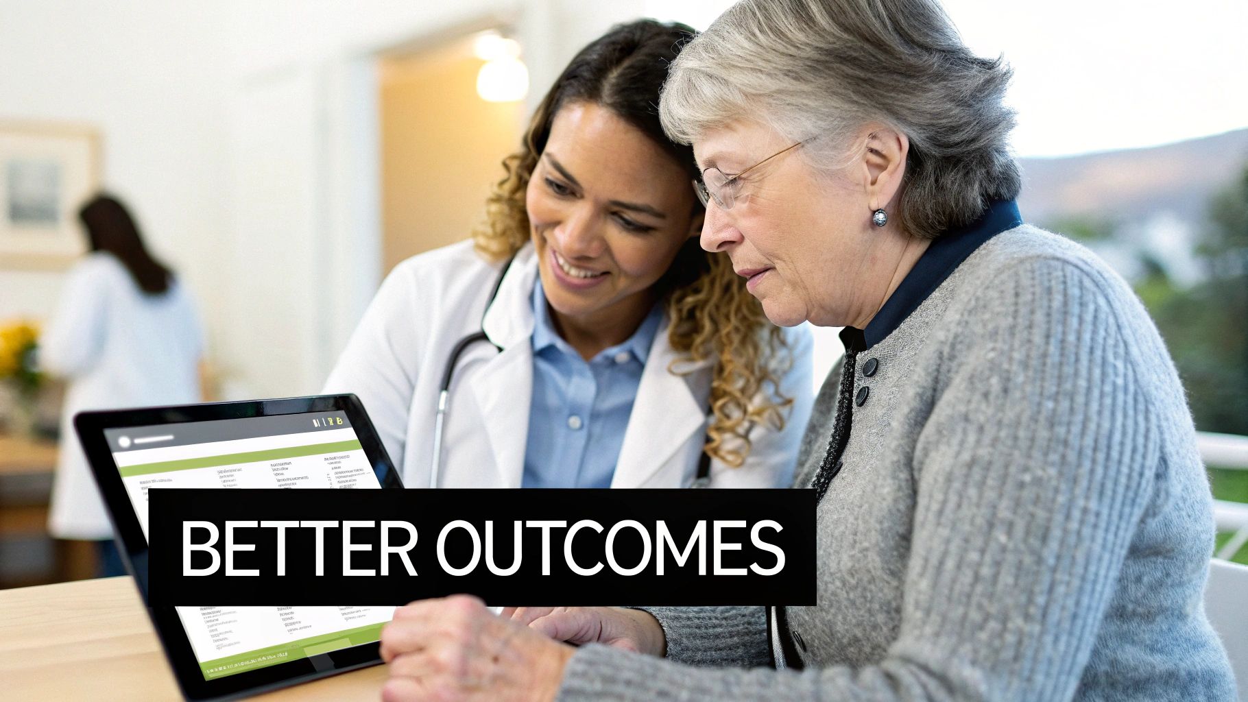 A smiling doctor and an elderly patient look at a tablet together during a medical consultation.